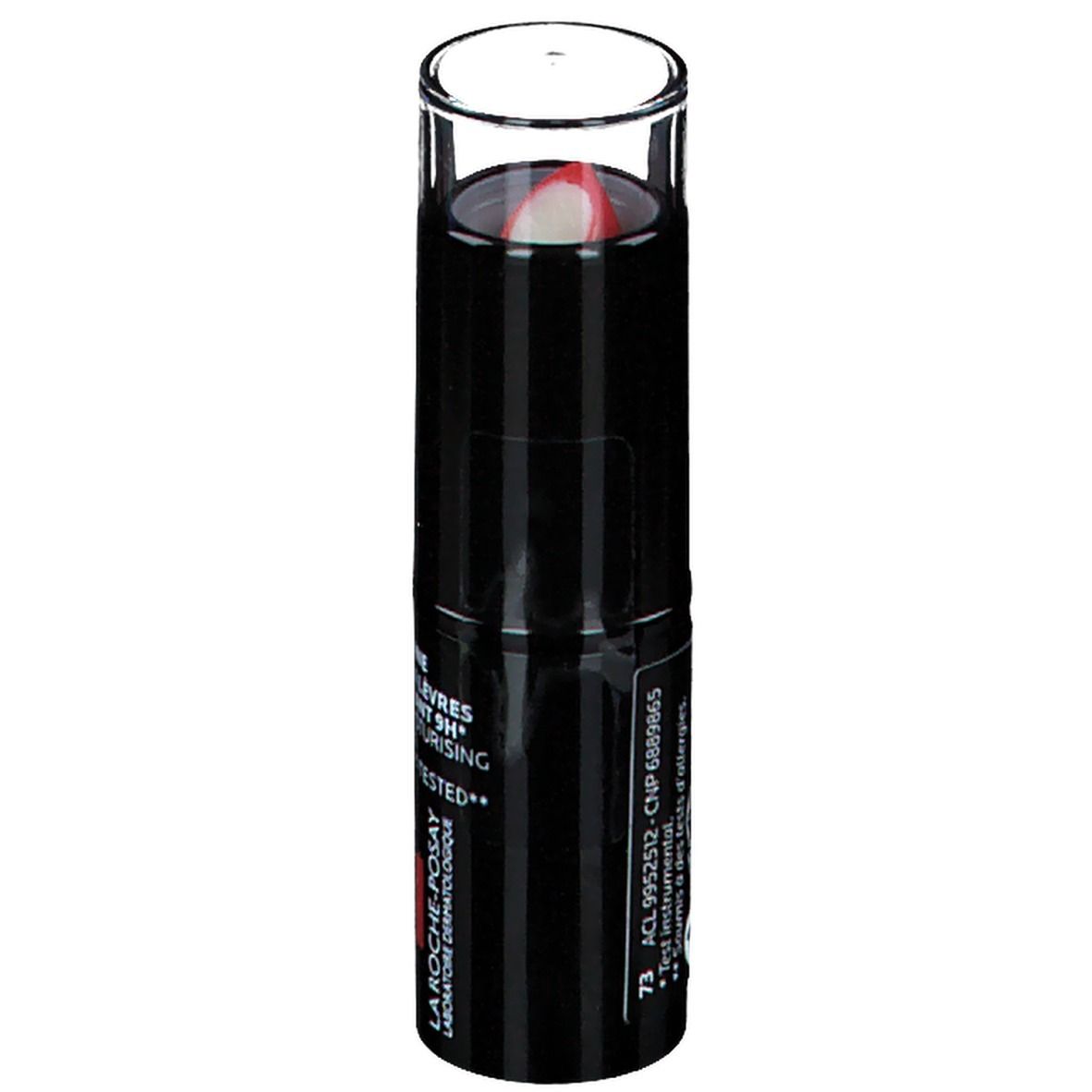 Roter Lippenstift in schwarzer Hülse mit transparenter Kappe. Aufschrift: Toleriane, Rouge à Lèvres, 9H Moisturising, Allergy-Tested.