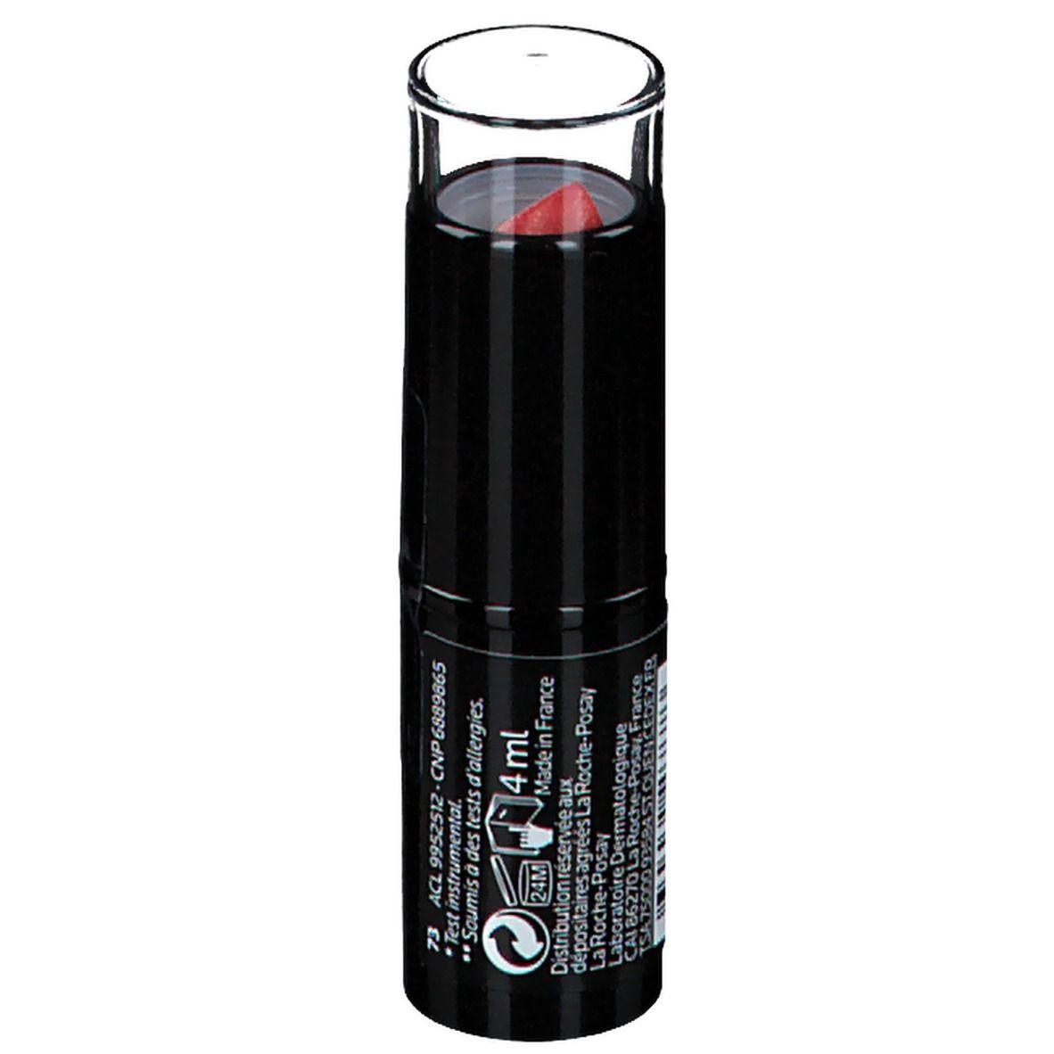 Roter Lippenstift in schwarzer Hülse mit transparenter Kappe. Aufschrift: Toleriane, Rouge à Lèvres, 9H Moisturising, Allergy-Tested.