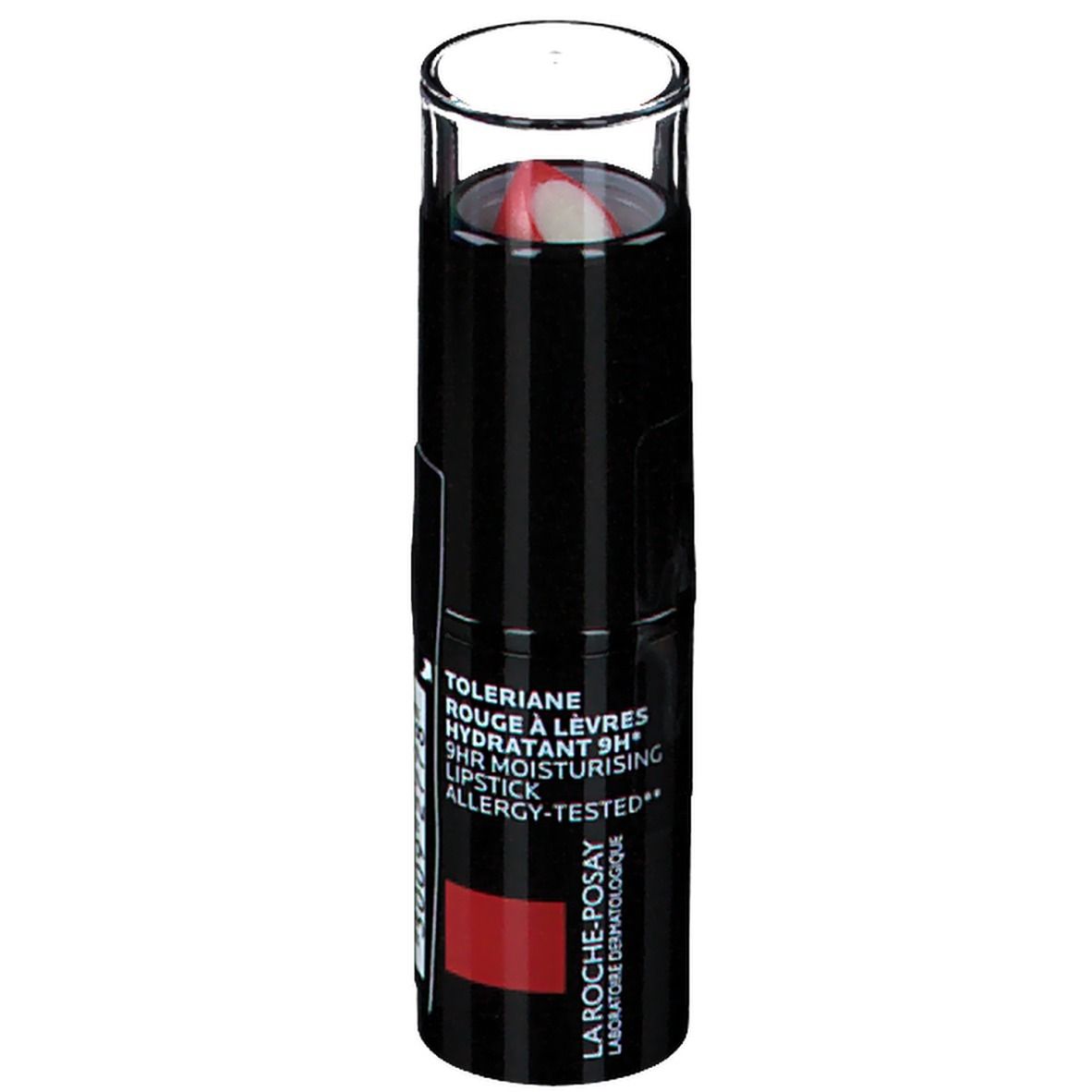 Roter Lippenstift in schwarzer Hülse mit transparenter Kappe. Aufschrift: Toleriane, Rouge à Lèvres, 9H Moisturising, Allergy-Tested.