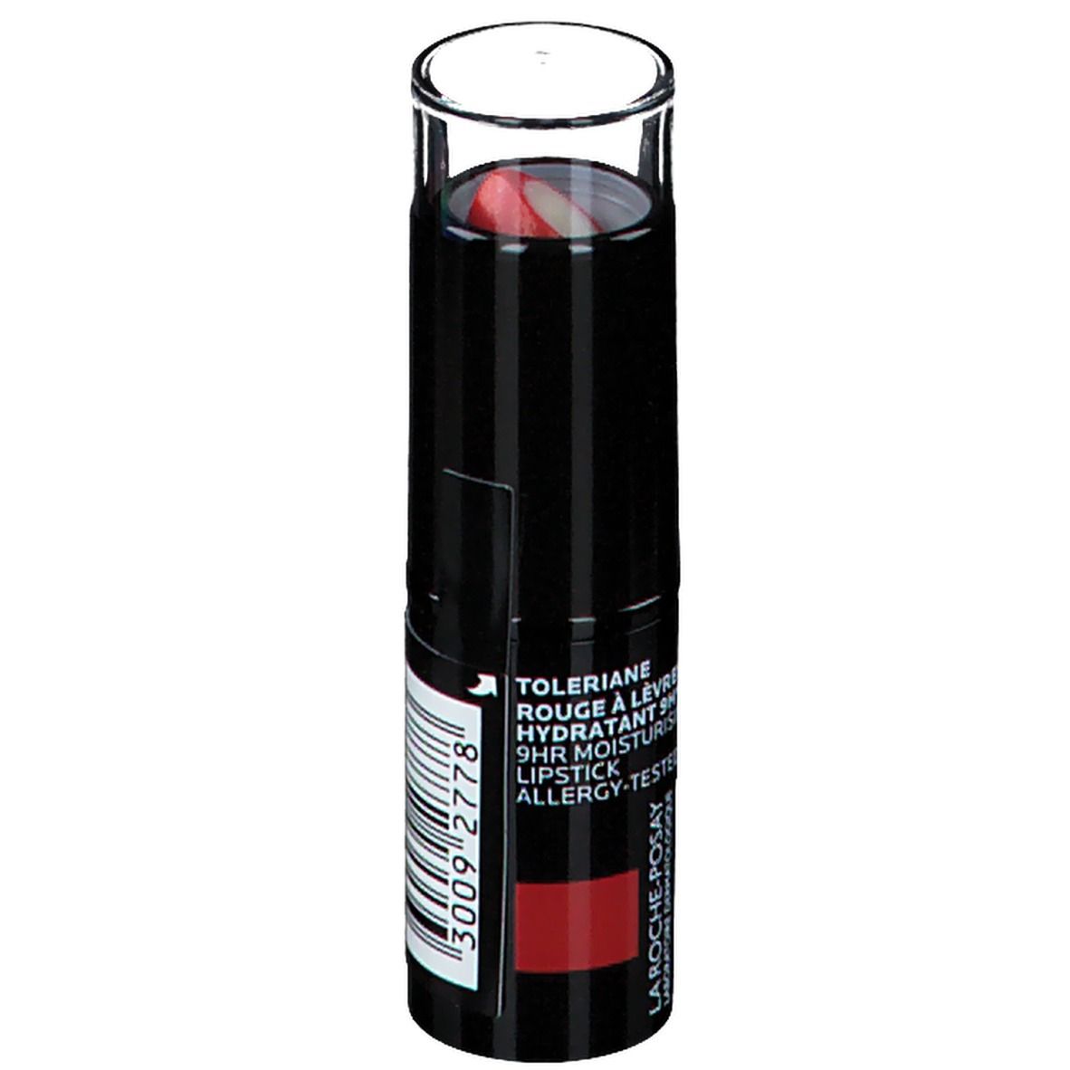 Roter Lippenstift in schwarzer Hülse mit transparenter Kappe. Aufschrift: Toleriane, Rouge à Lèvres, 9H Moisturising, Allergy-Tested.
