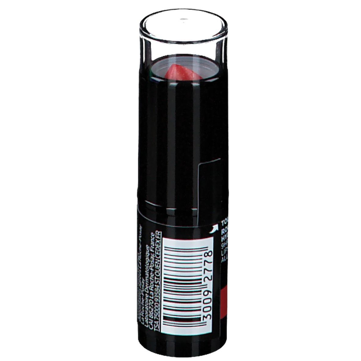 Roter Lippenstift in schwarzer Hülse mit transparenter Kappe. Aufschrift: Toleriane, Rouge à Lèvres, 9H Moisturising, Allergy-Tested.