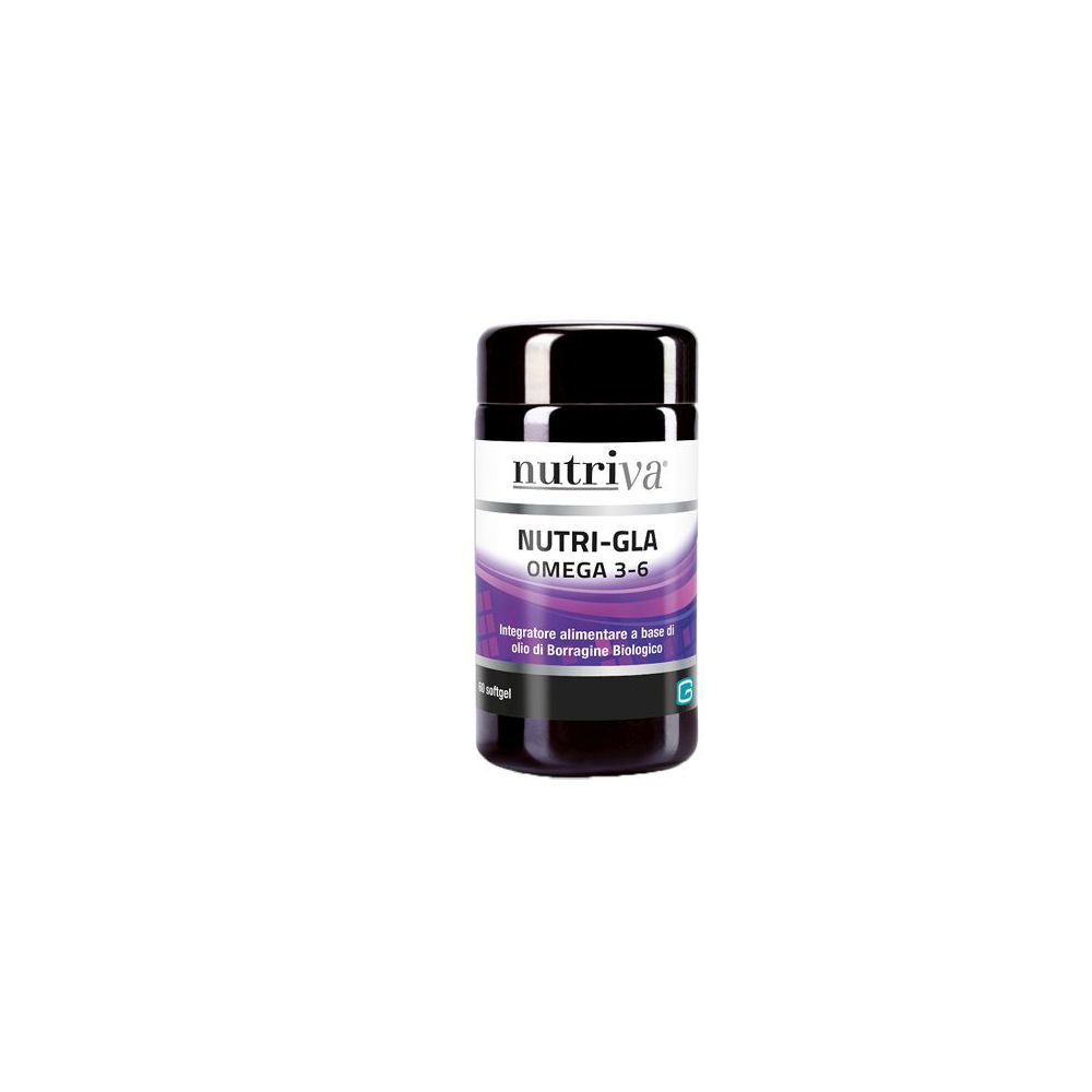 Schwarze Dose mit weißem Etikett. Aufschrift: Nutriva, Nutri-Gla Omega 3-6. Lila und weißes Design. G-Logo.