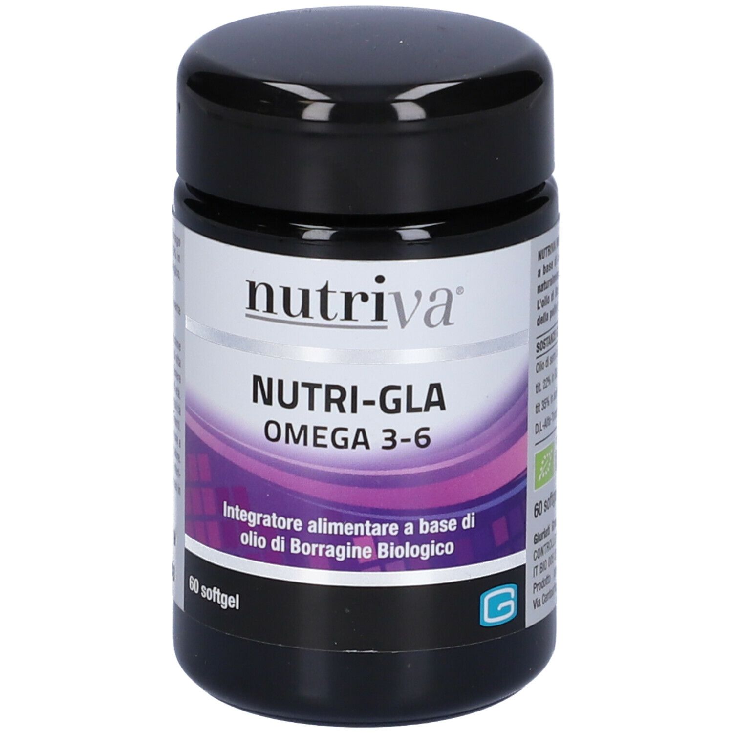 Schwarze Dose mit weißem Etikett. Aufschrift: Nutriva, Nutri-Gla Omega 3-6. 60 Softgels. G-Logo.