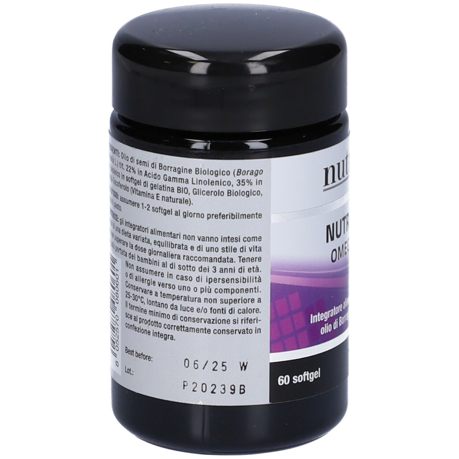 Schwarze Dose mit weißem Etikett. Aufschrift: Nutriva, Nutri-Gla Omega 3-6. 60 Softgels. Rückseite mit Text.