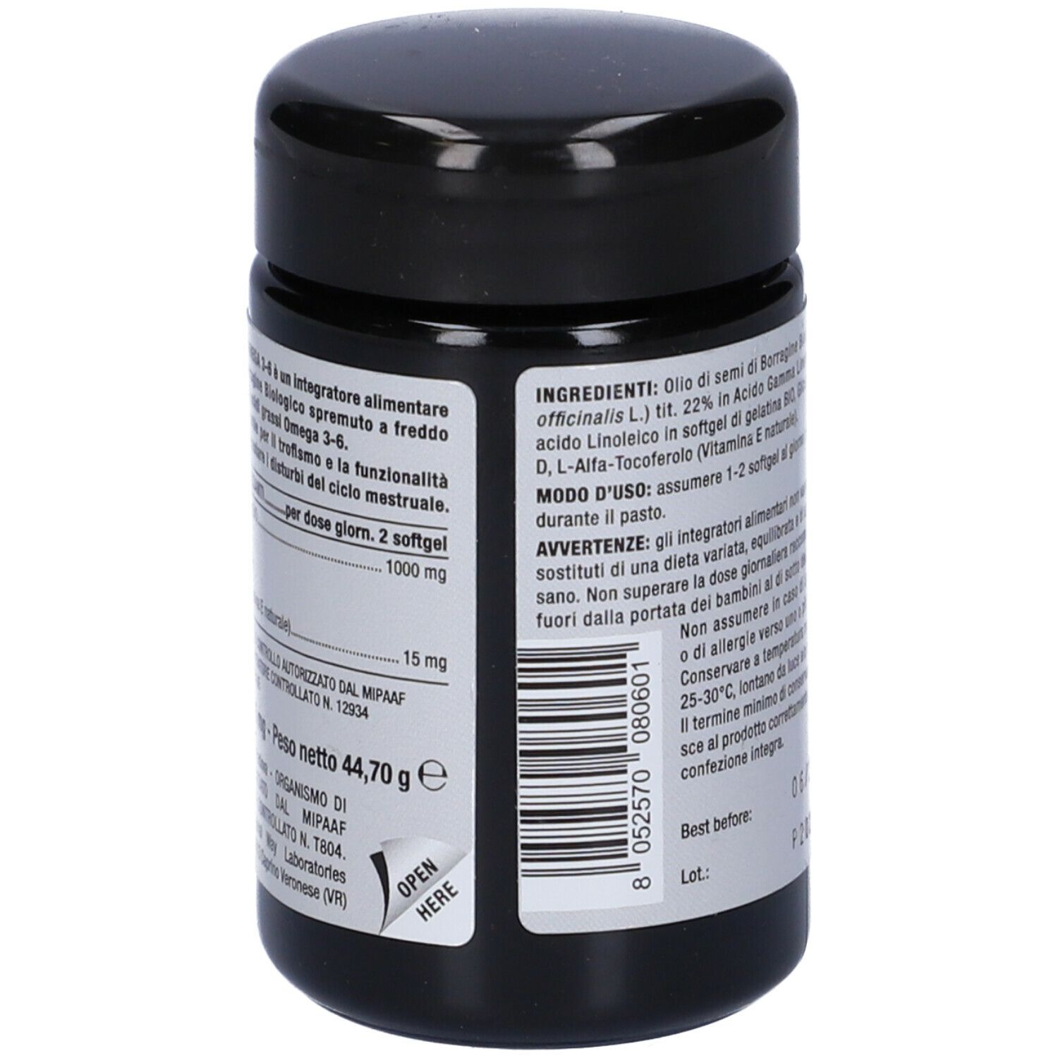 Schwarze Dose mit weißem Etikett. Aufschrift: Nutriva, Nutri-Gla Omega 3-6. Rückseite mit Text und Inhaltsstoffen.