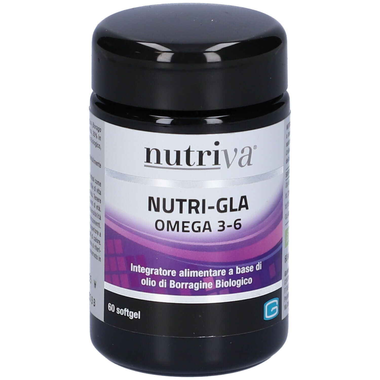 Schwarze Dose mit weißem Etikett. Aufschrift: Nutriva, Nutri-Gla Omega 3-6. 60 Softgels. G-Logo.