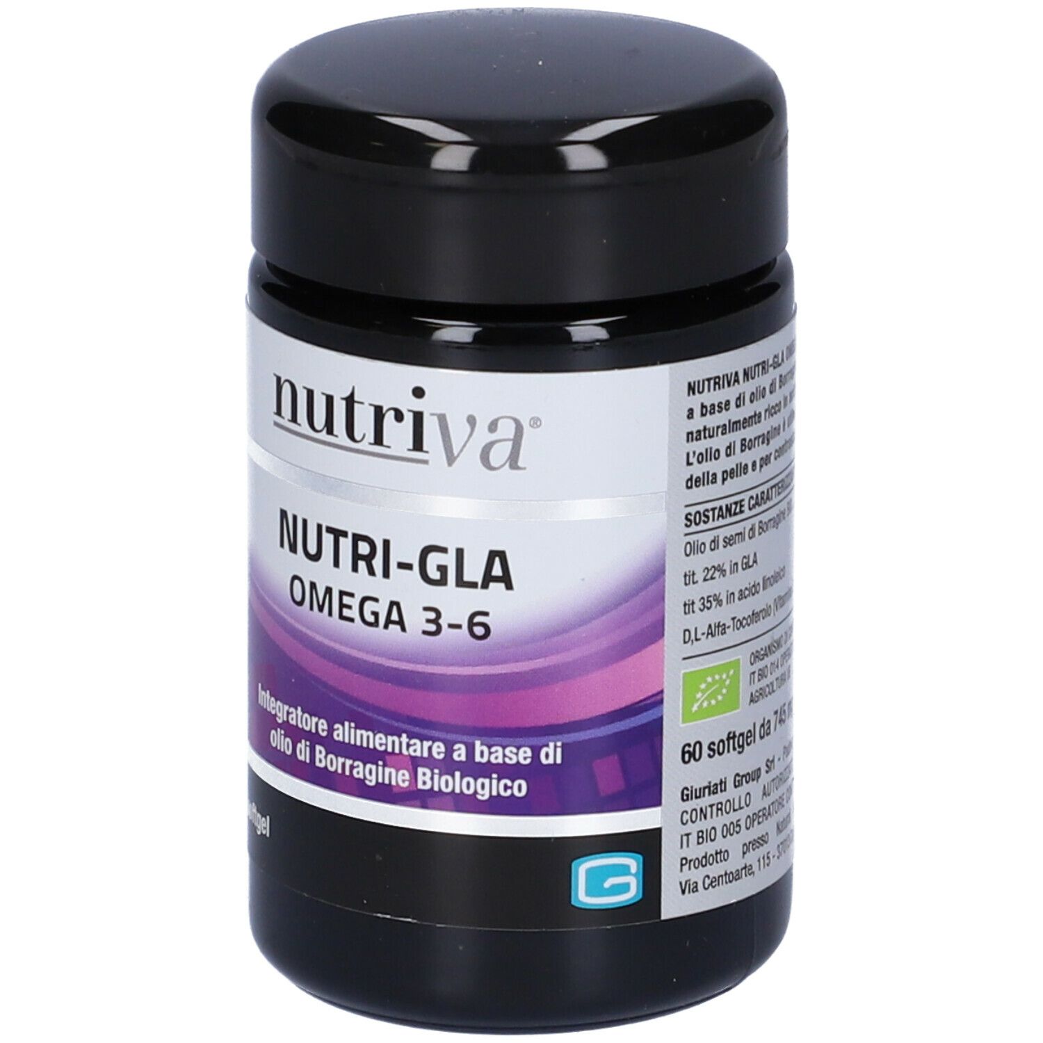 Schwarze Dose mit weißem Etikett. Aufschrift: Nutriva, Nutri-Gla Omega 3-6. 60 Softgels. Bio-Zertifizierung.
