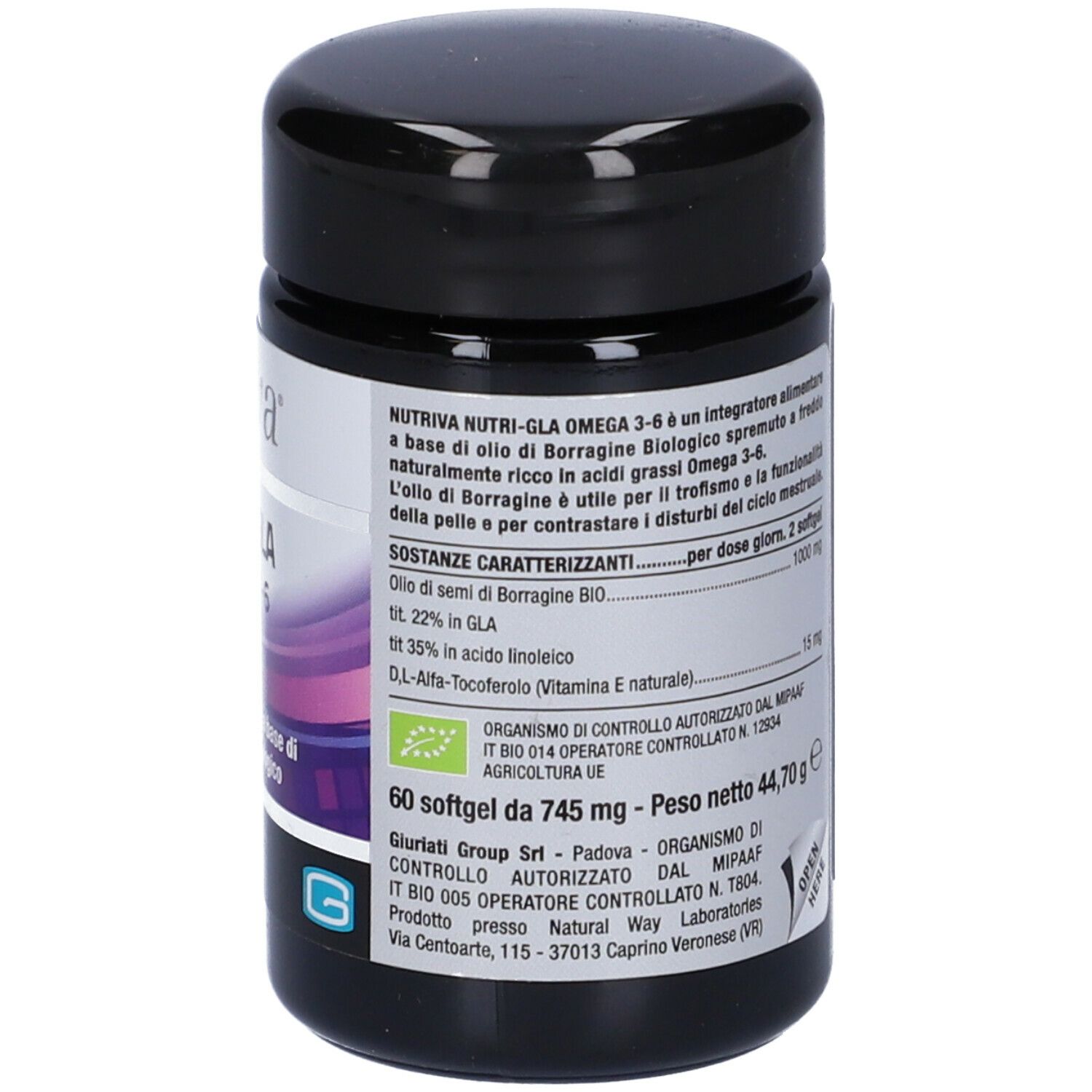 Schwarze Dose mit weißem Etikett. Aufschrift: Nutriva, Nutri-Gla Omega 3-6. 60 Softgels. Text und Inhaltsstoffe.