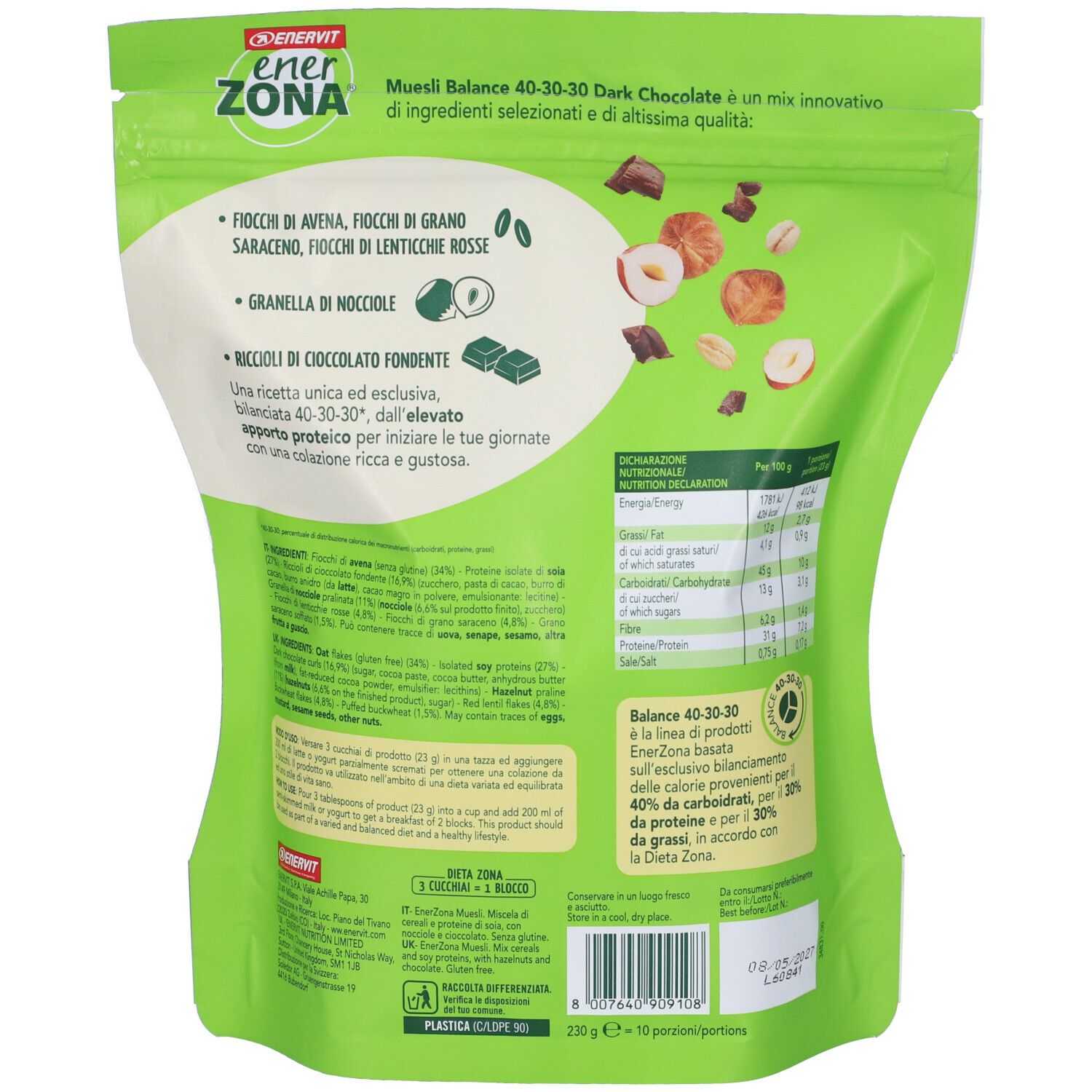 Verpackung für EnerZona Muesli Balance 40-30-30 Dark Chocolate, ein Frühstücksmüsli.