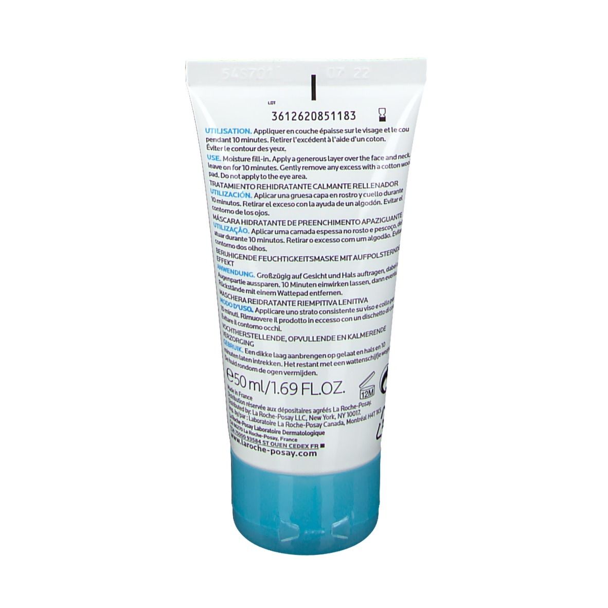 Dos du tube avec texte multilingue. Inscription: La Roche-Posay. Ingrédients et mode d'emploi.