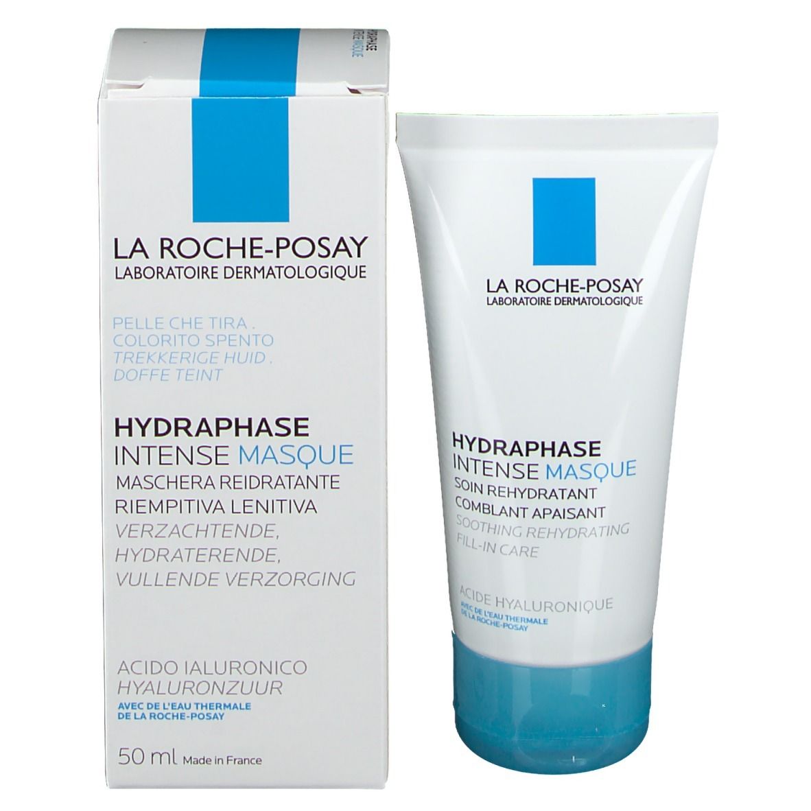 Emballage et tube du produit. Inscription: La Roche-Posay, Hydraphase Intense Masque. Texte multilingue.