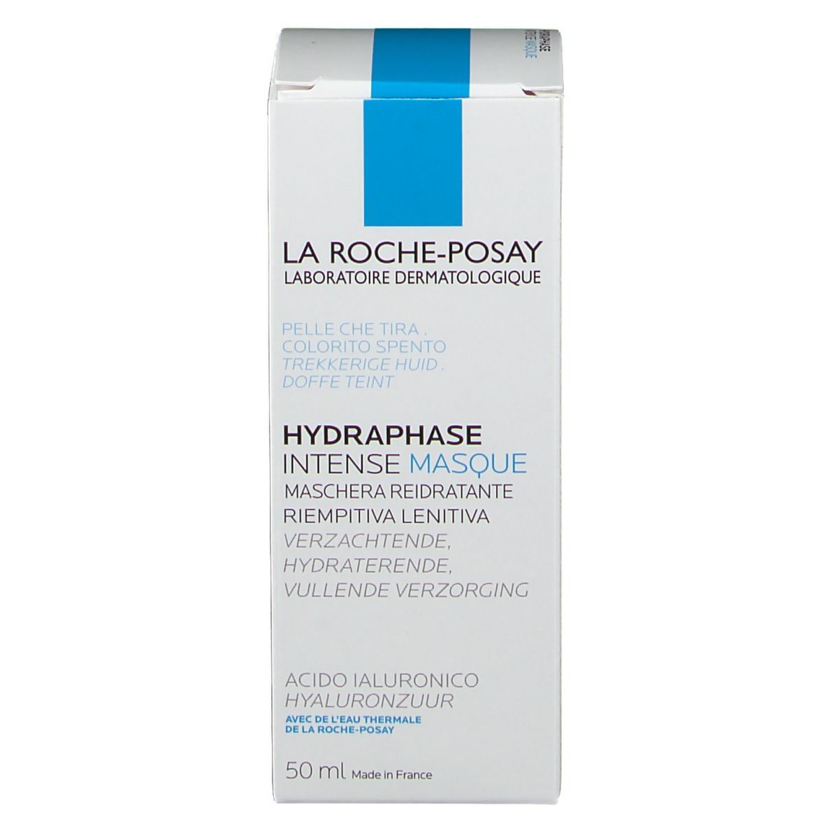 Emballage du produit. Inscription: La Roche-Posay, Hydraphase Intense Masque. Texte multilingue.