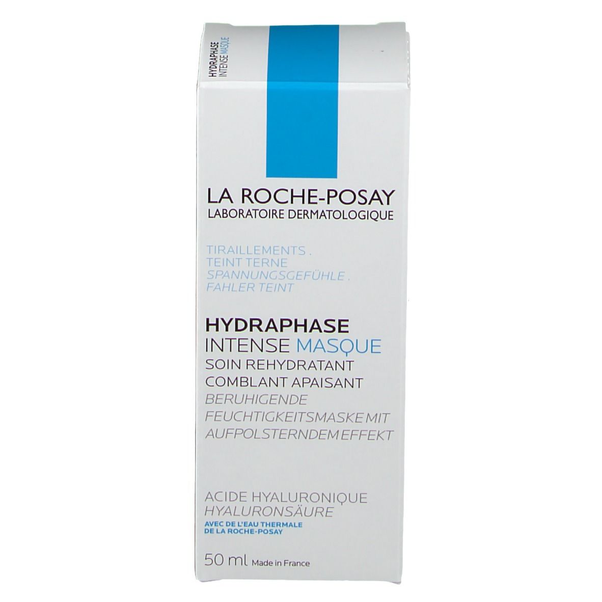 Emballage du produit. Inscription: La Roche-Posay, Hydraphase Intense Masque. Texte multilingue.