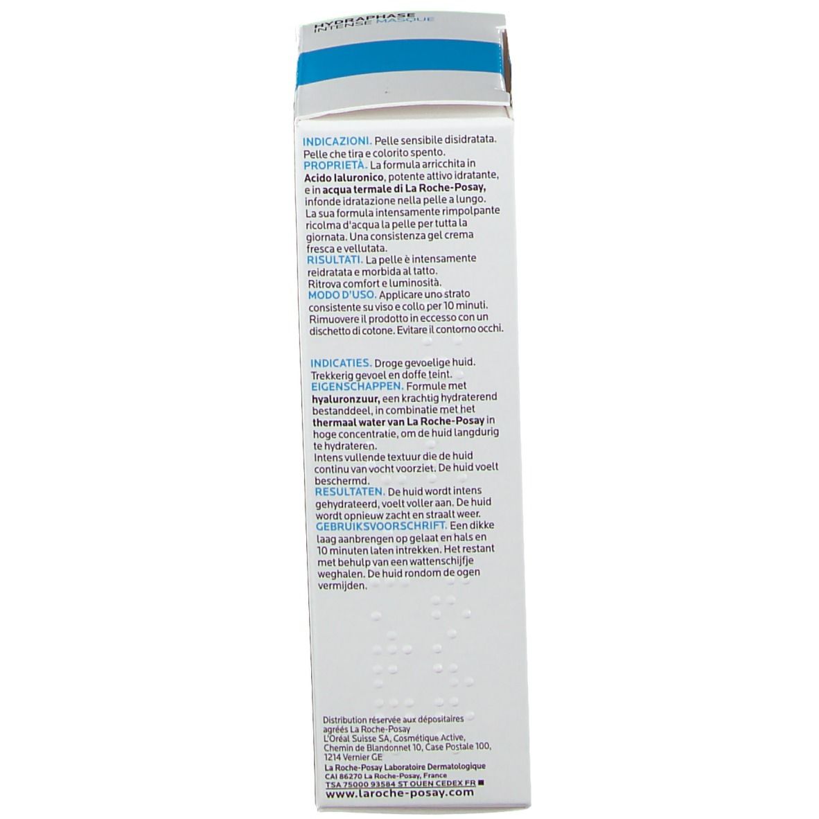 Dos de l'emballage. Texte multilingue. Inscription: La Roche-Posay. Ingrédients et mode d'emploi.