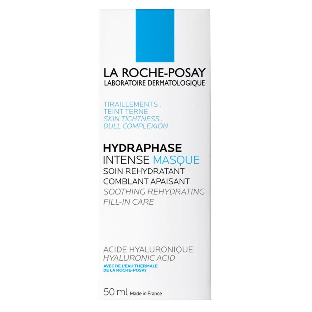 Emballage blanc avec marque bleue. Inscription: La Roche-Posay, Hydraphase Intense Masque. Texte en français.