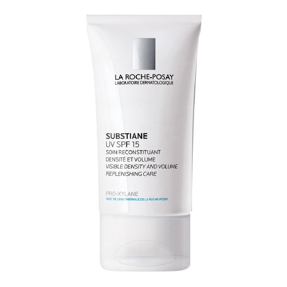 Tube blanc La Roche-Posay Substiane UV SPF 15. Texte noir. Logo en haut.