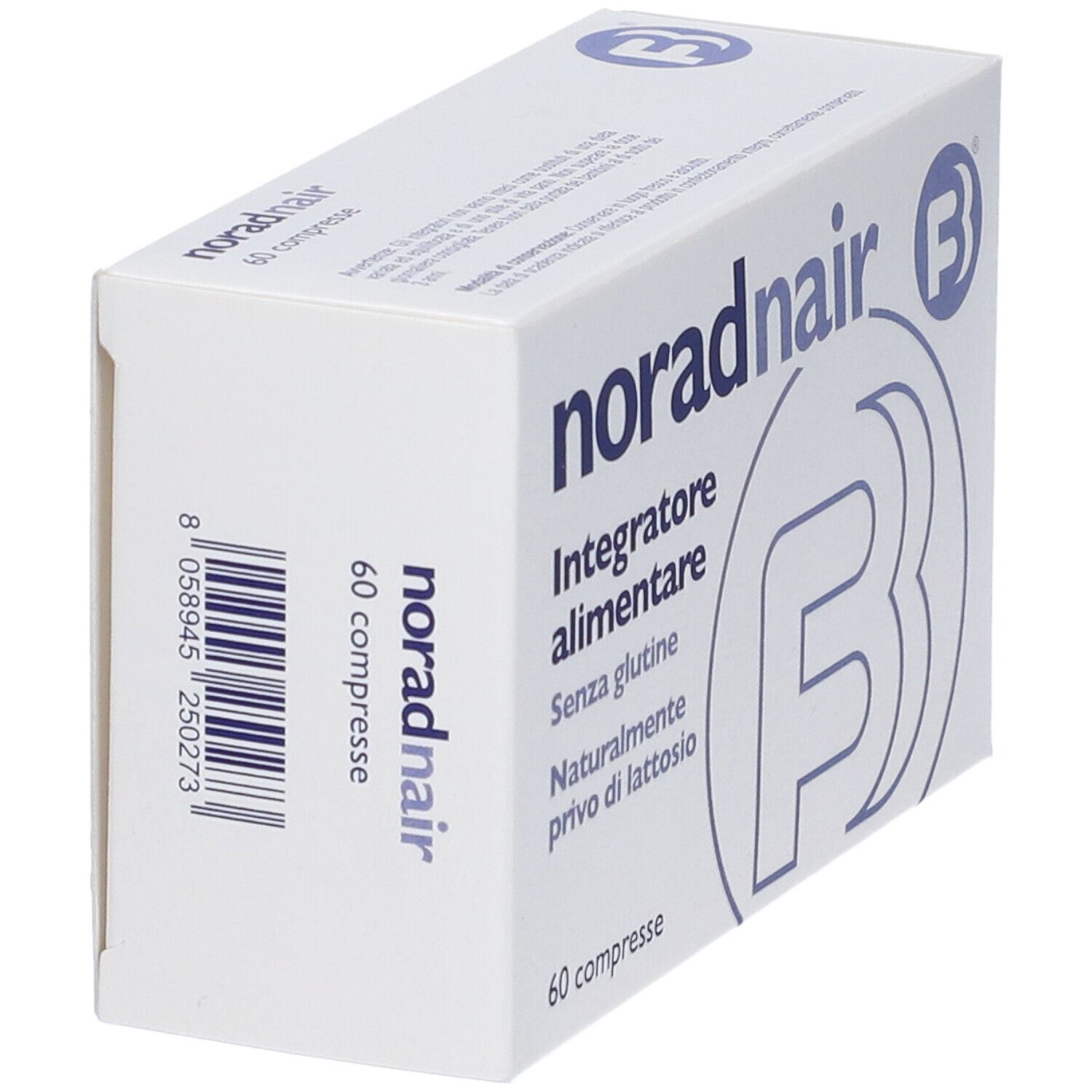 Schachtel "norad nair" in Schrägansicht. Enthält 60 Tabletten. Barcode und Logo "B" sichtbar.