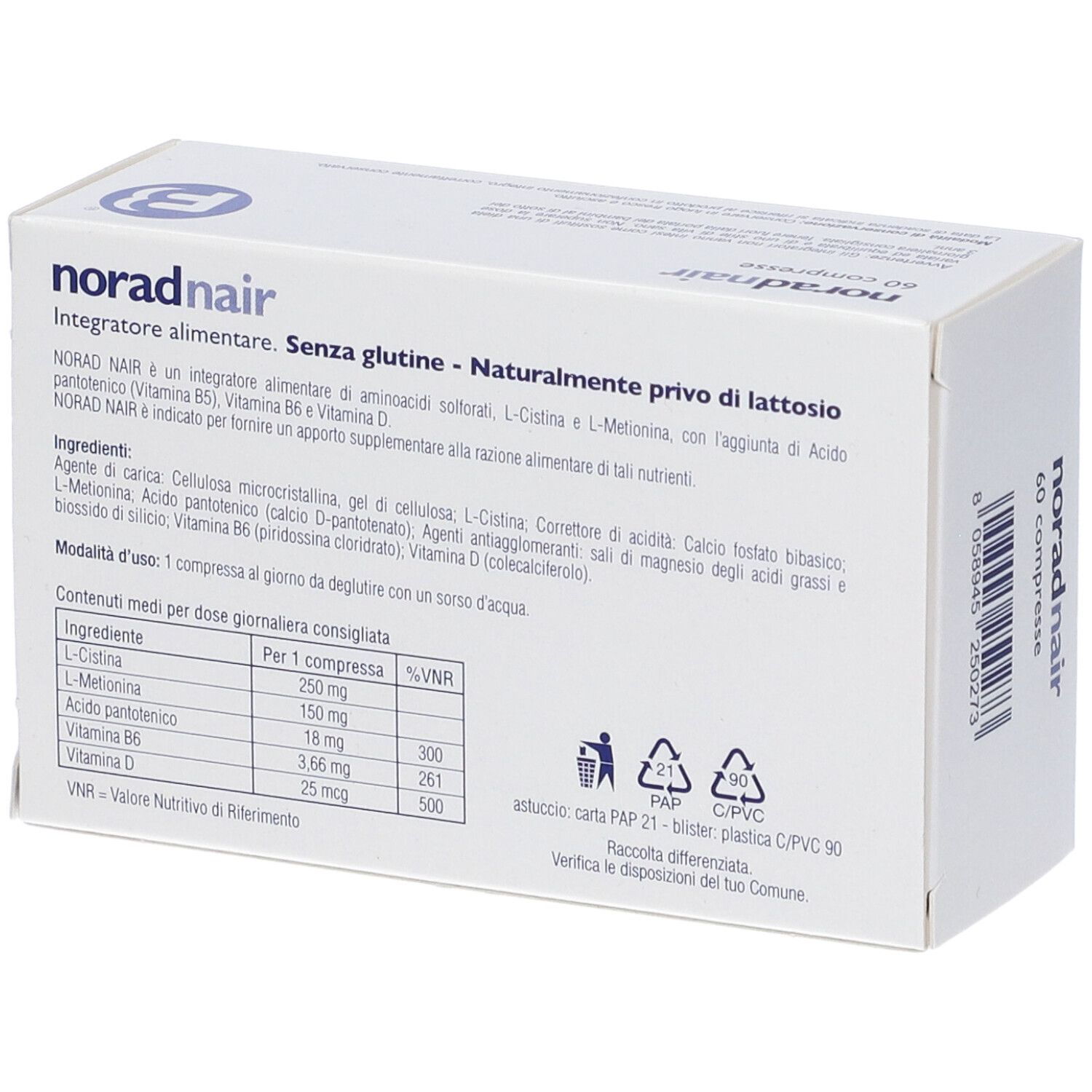 Rückseite der "norad nair"-Schachtel. Text über Inhaltsstoffe und Nährwerte. Recycling-Symbole.