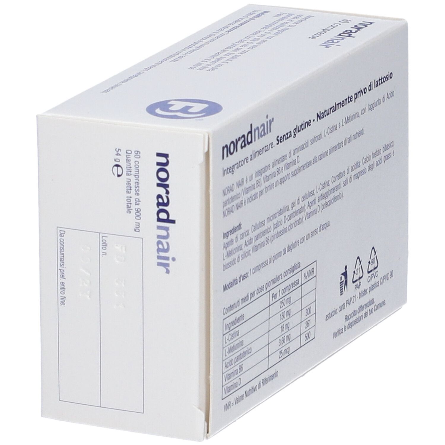 Schachtel "norad nair" in Schrägansicht. Text über Inhaltsstoffe und Nährwerte. Recycling-Symbole.