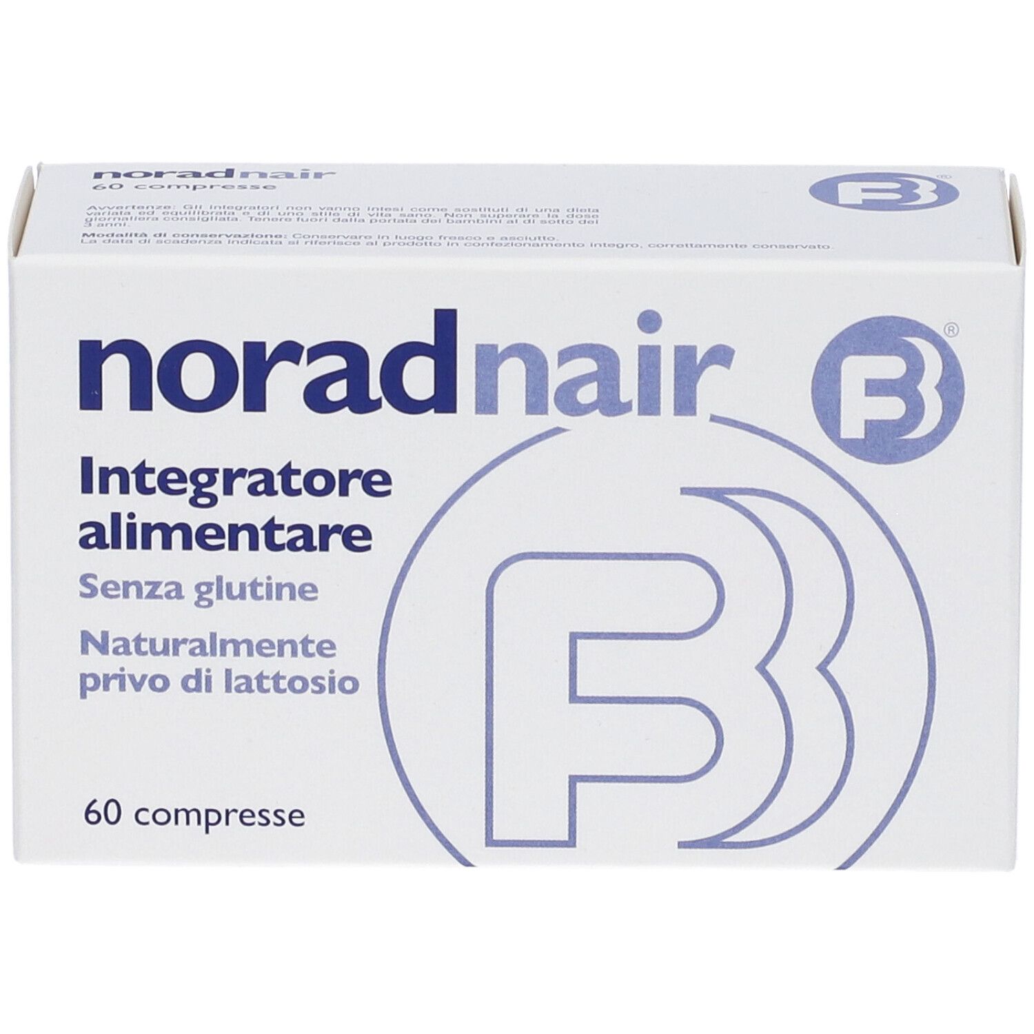 Weiße Schachtel "norad nair". Enthält 60 Tabletten. Logo "B". Gluten- und laktosefrei.