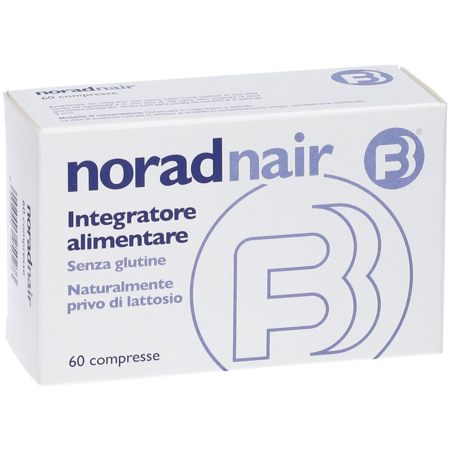 Weiße Schachtel "norad nair". Enthält 60 Tabletten. Logo "B". Gluten- und laktosefrei.