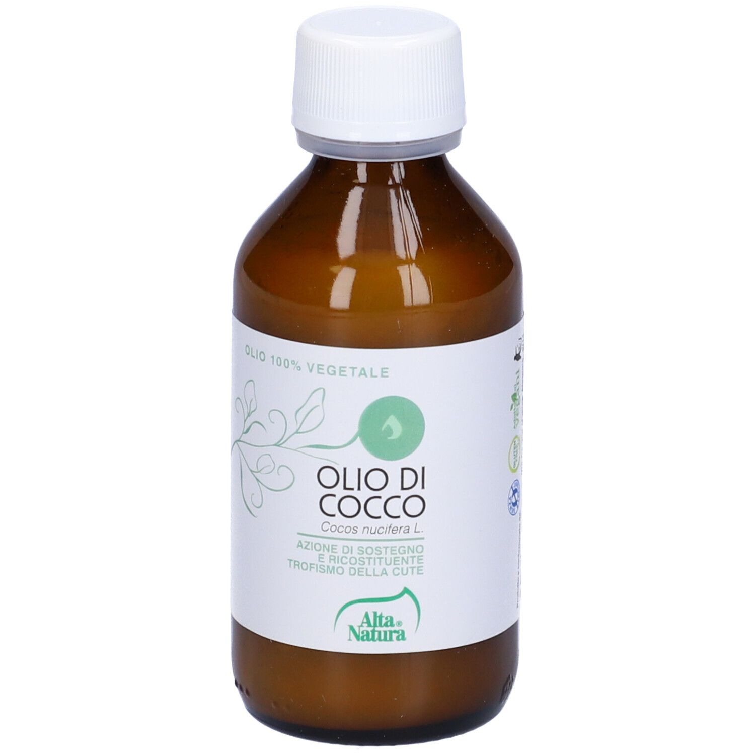 Braune Glasflasche mit weißem Deckel. Auf dem Etikett steht "Olio di Cocco" und "Alta Natura".