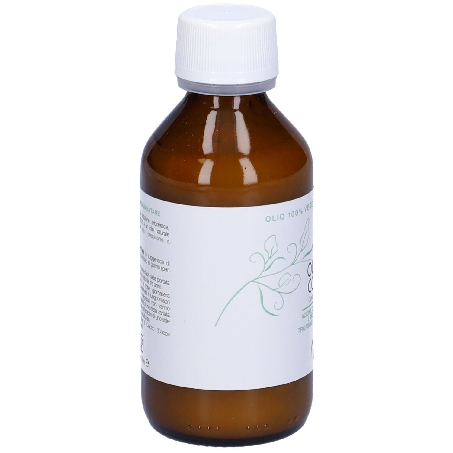 Braune Glasflasche mit weißem Deckel. Rückseite mit Text. Auf dem Etikett steht "Olio di Cocco".