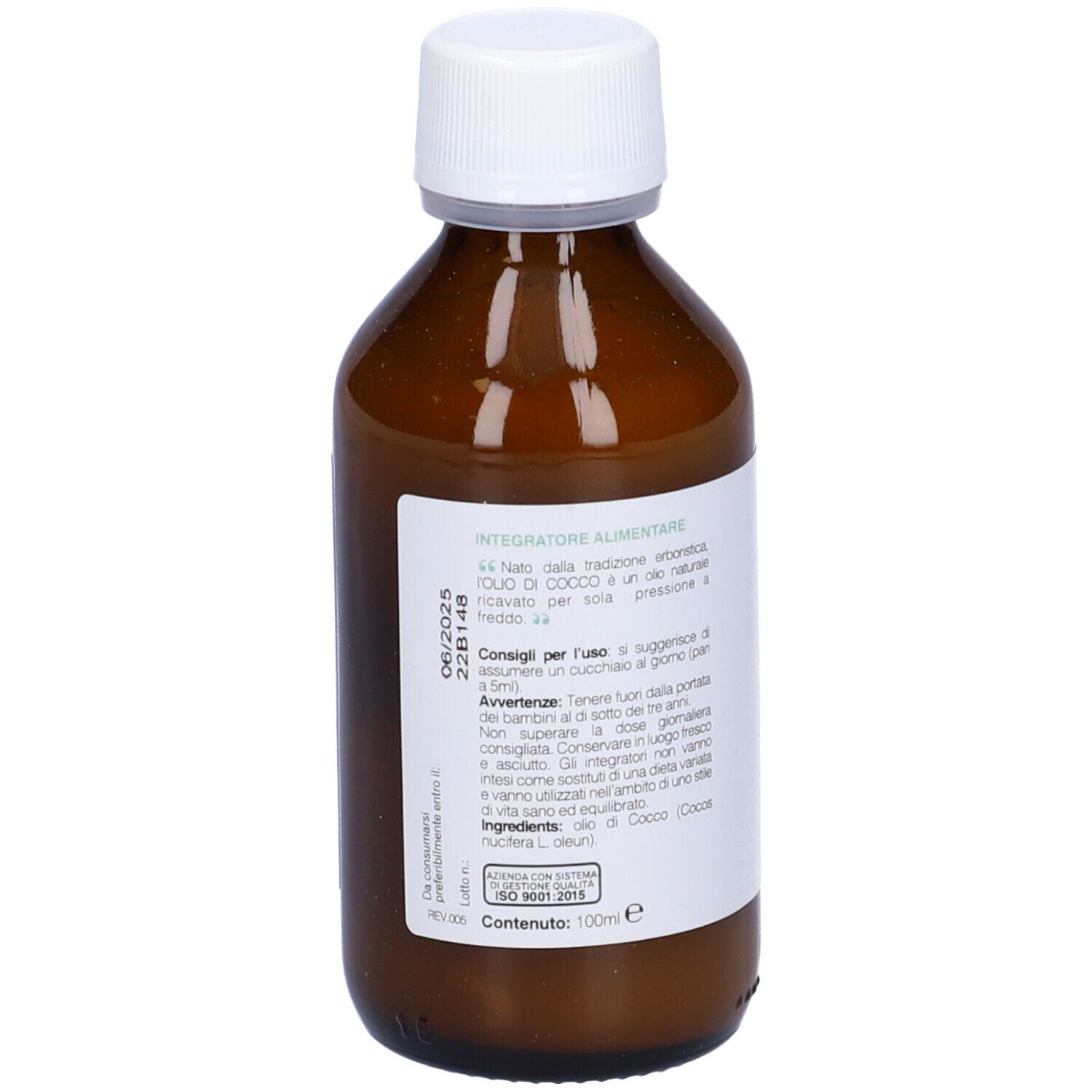 Braune Glasflasche mit weißem Deckel. Rückseite mit Text. Auf dem Etikett steht "Olio di Cocco".