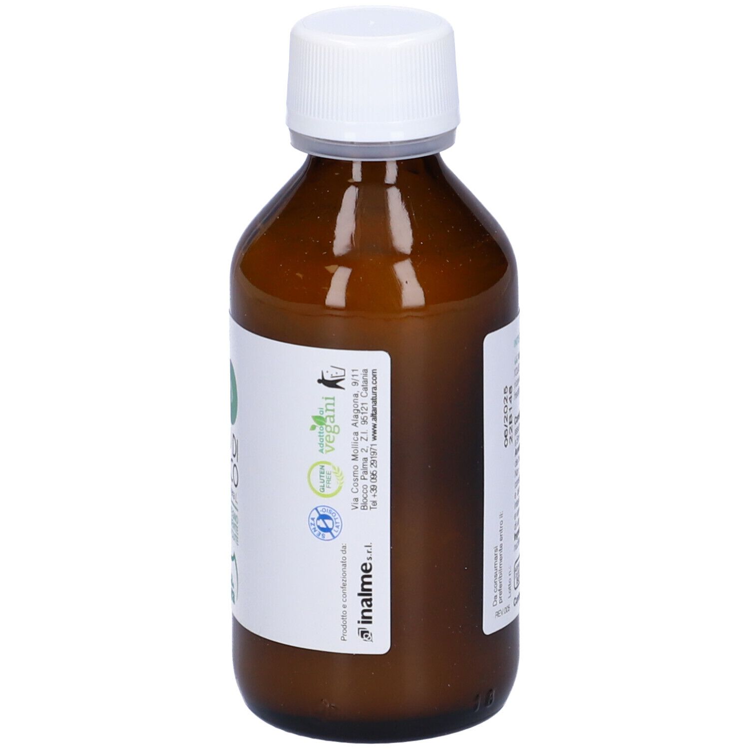 Braune Glasflasche mit weißem Deckel. Rückseite mit Text. Auf dem Etikett steht "Olio di Cocco".