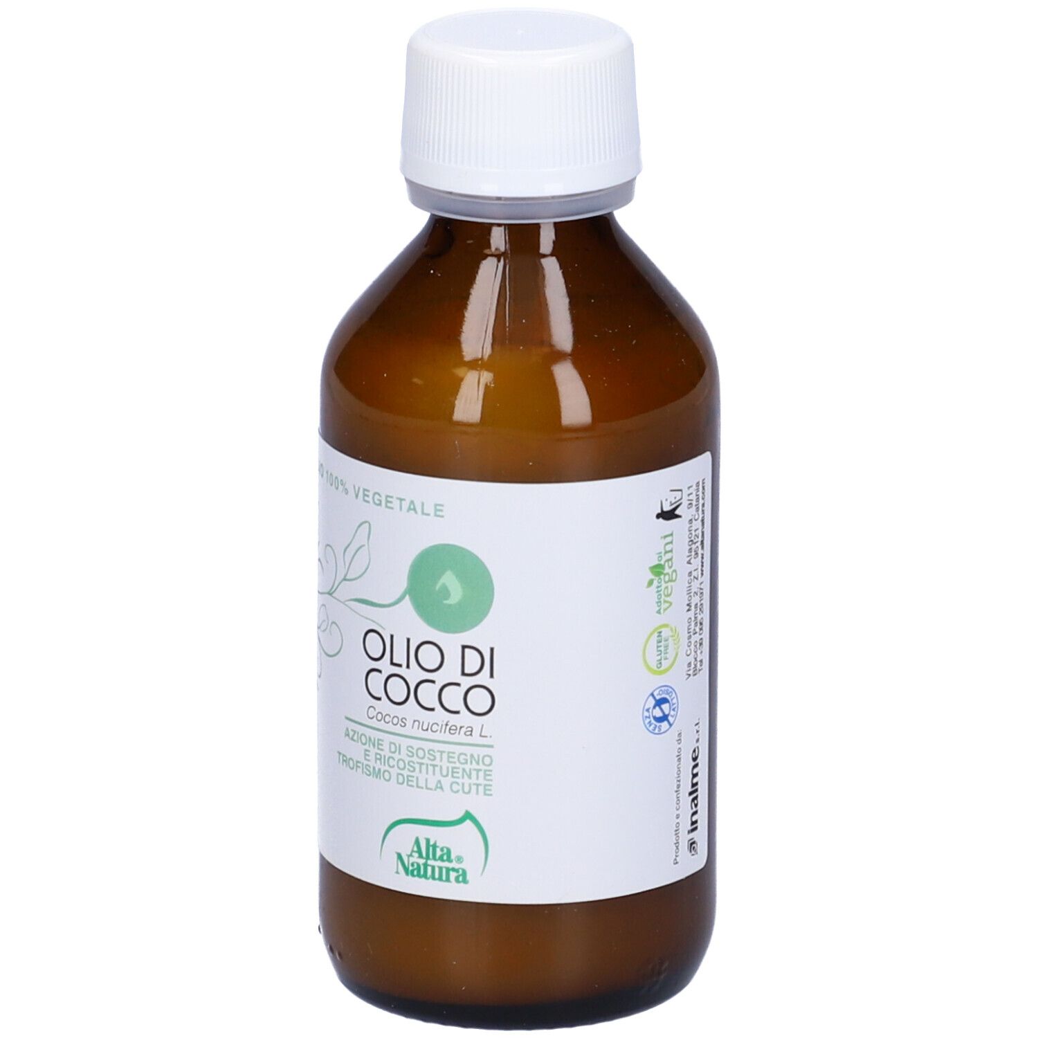 Braune Glasflasche mit weißem Deckel. Auf dem Etikett steht "Olio di Cocco" und "Alta Natura".