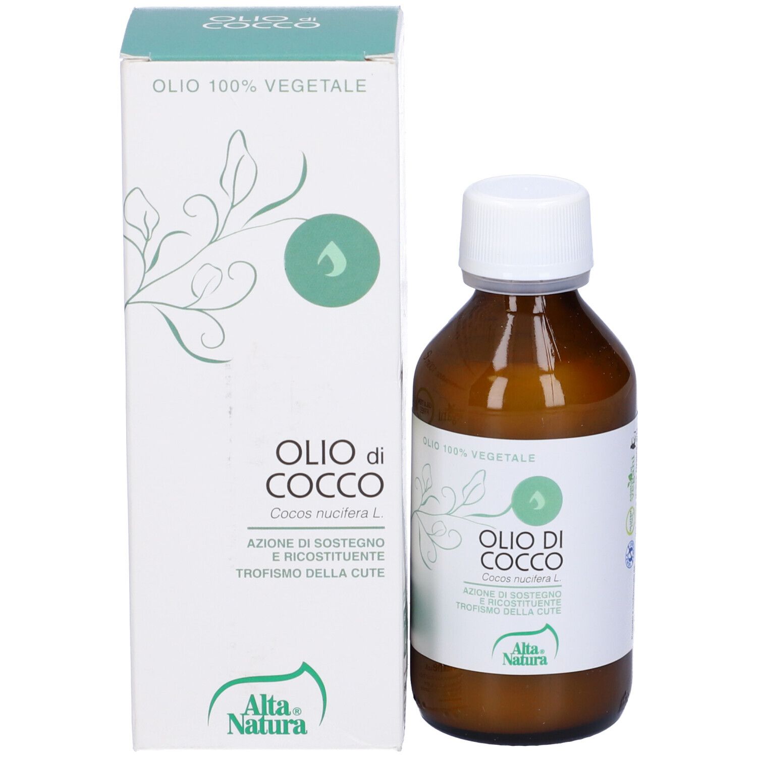 Braune Glasflasche und Karton. Auf dem Etikett steht "Olio di Cocco" und "Alta Natura".