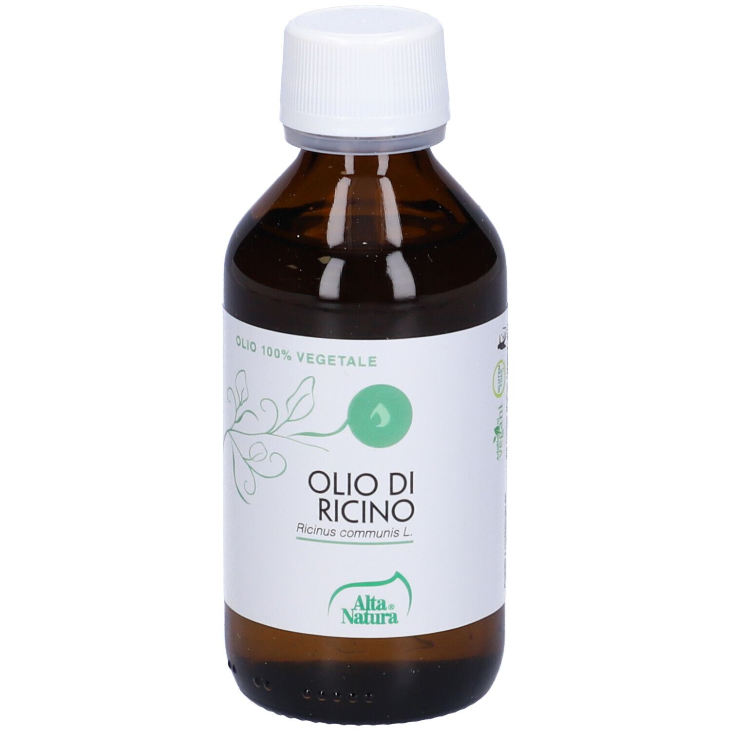 Braune Flasche mit weißem Deckel. Aufschrift: Olio di Ricino, Alta Natura. 100% vegetabil.