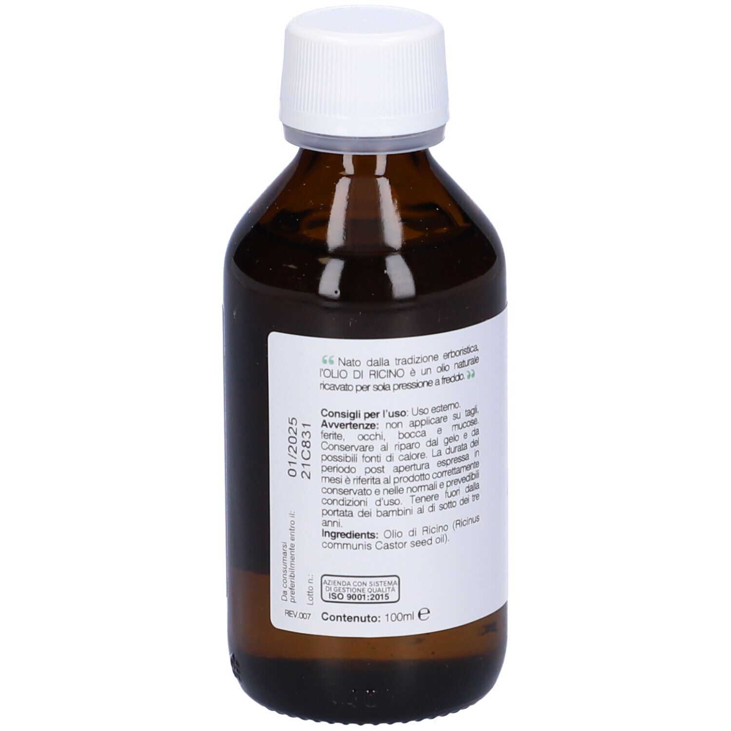 Braune Flasche mit weißem Deckel. Aufschrift: Olio di Ricino. Rückseite mit Text und Haltbarkeitsdatum.