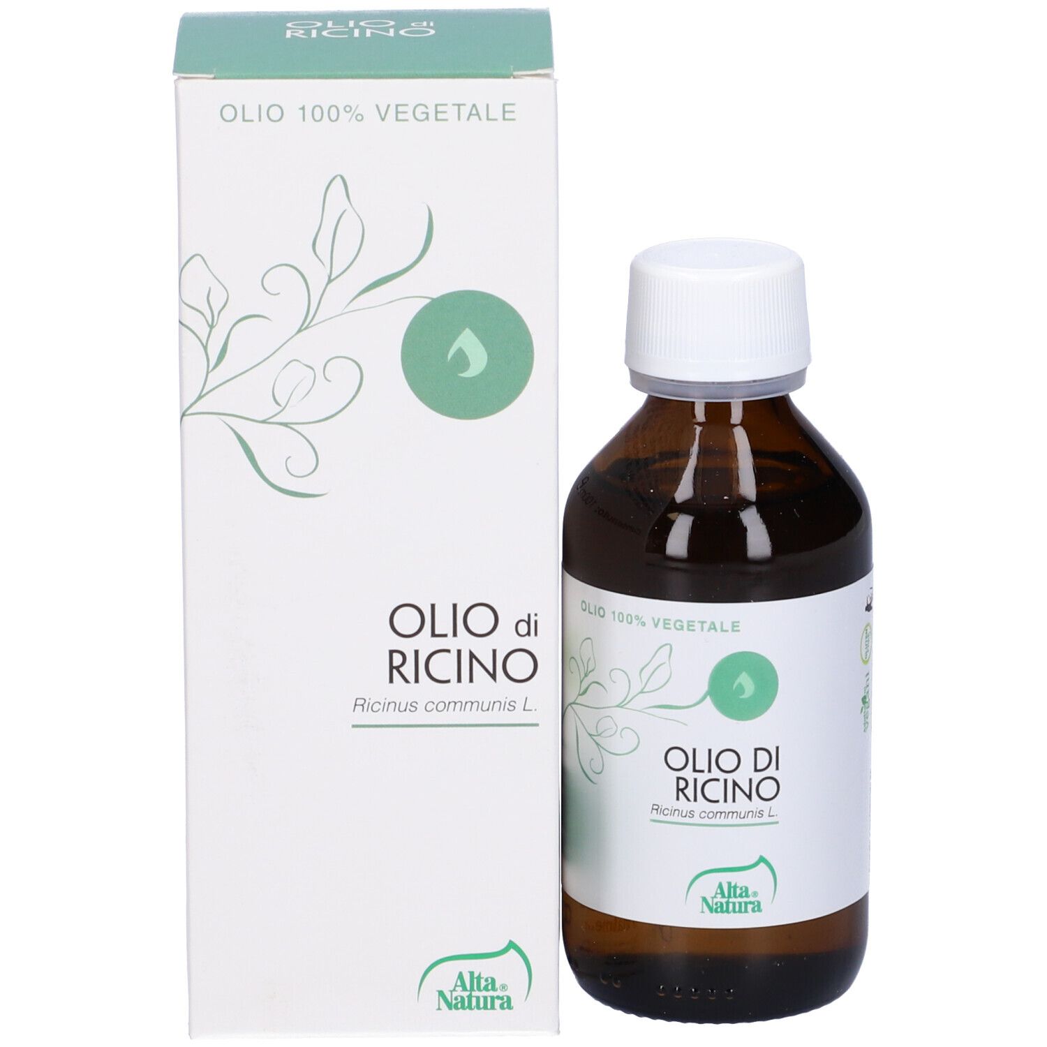Braune Flasche mit weißem Deckel. Aufschrift: Olio di Ricino, Alta Natura. 100% vegetabil.