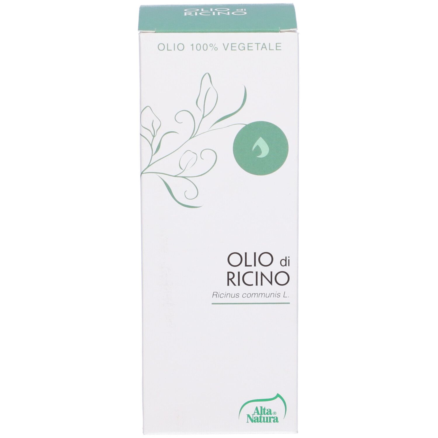 Karton mit Flasche. Aufschrift: Olio di Ricino, Alta Natura. 100% vegetabil.