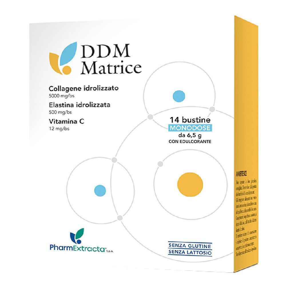 Boîte de DDM Matrice. Contient 14 sachets monodoses de 6,5 g. Contient du collagène hydrolysé, de l'élastine et de la vitamine C. Sans gluten ni lactose.