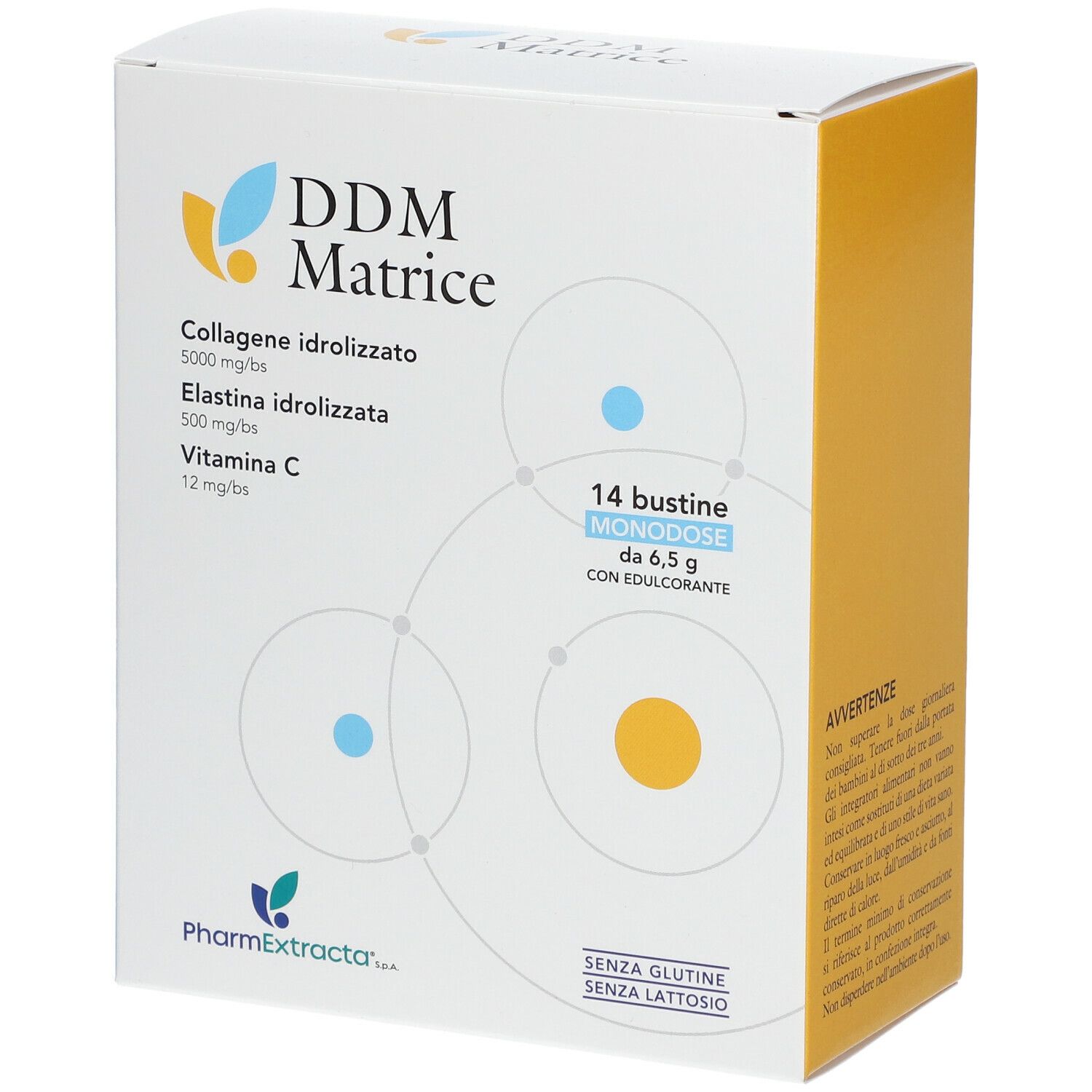 Boîte de DDM Matrice. Contient 14 sachets monodoses de 6,5 g. Contient du collagène hydrolysé, de l'élastine et de la vitamine C. Sans gluten ni lactose.