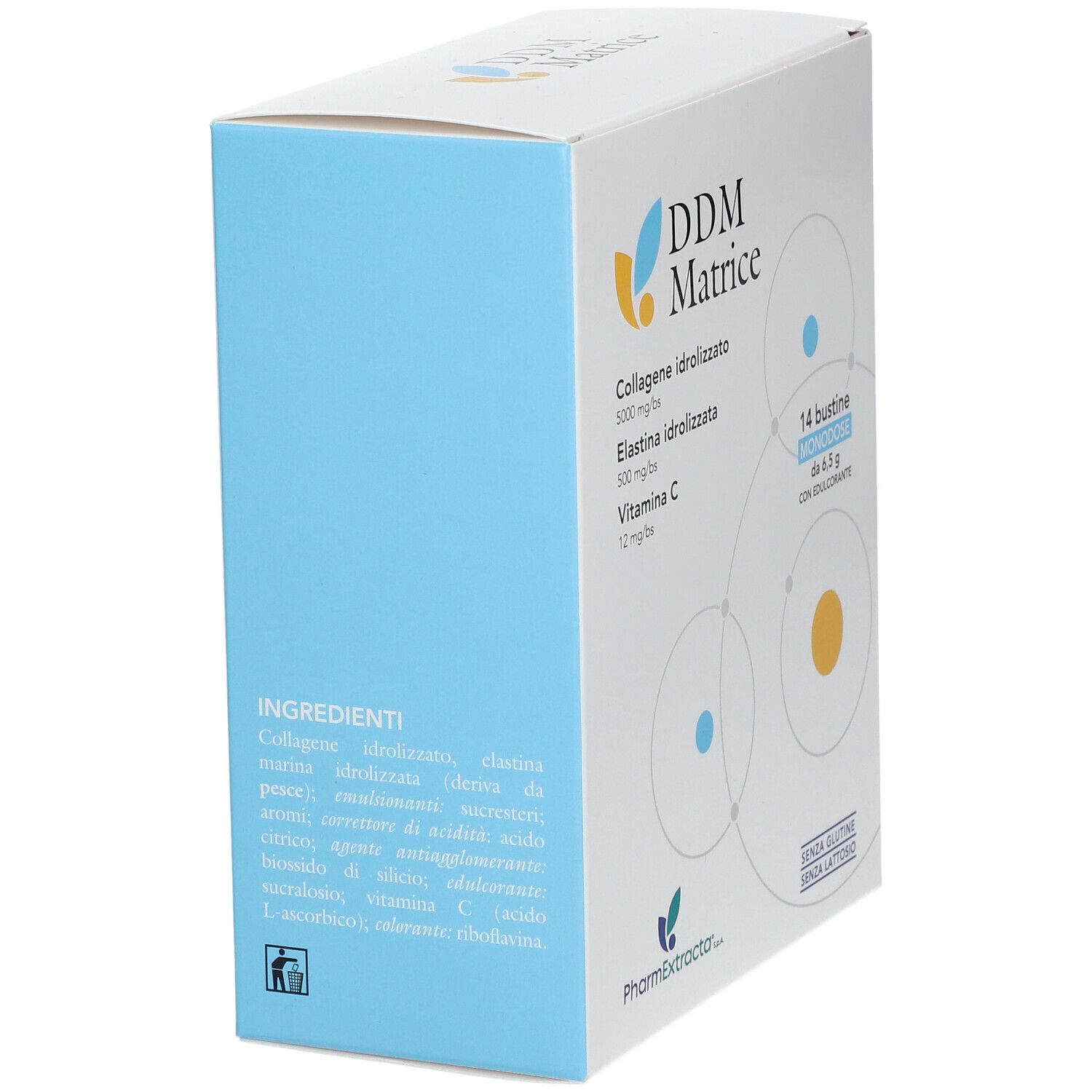 Côté bleu de la boîte DDM Matrice. Liste des ingrédients : collagène hydrolysé, élastine, vitamine C. Sans gluten ni lactose.