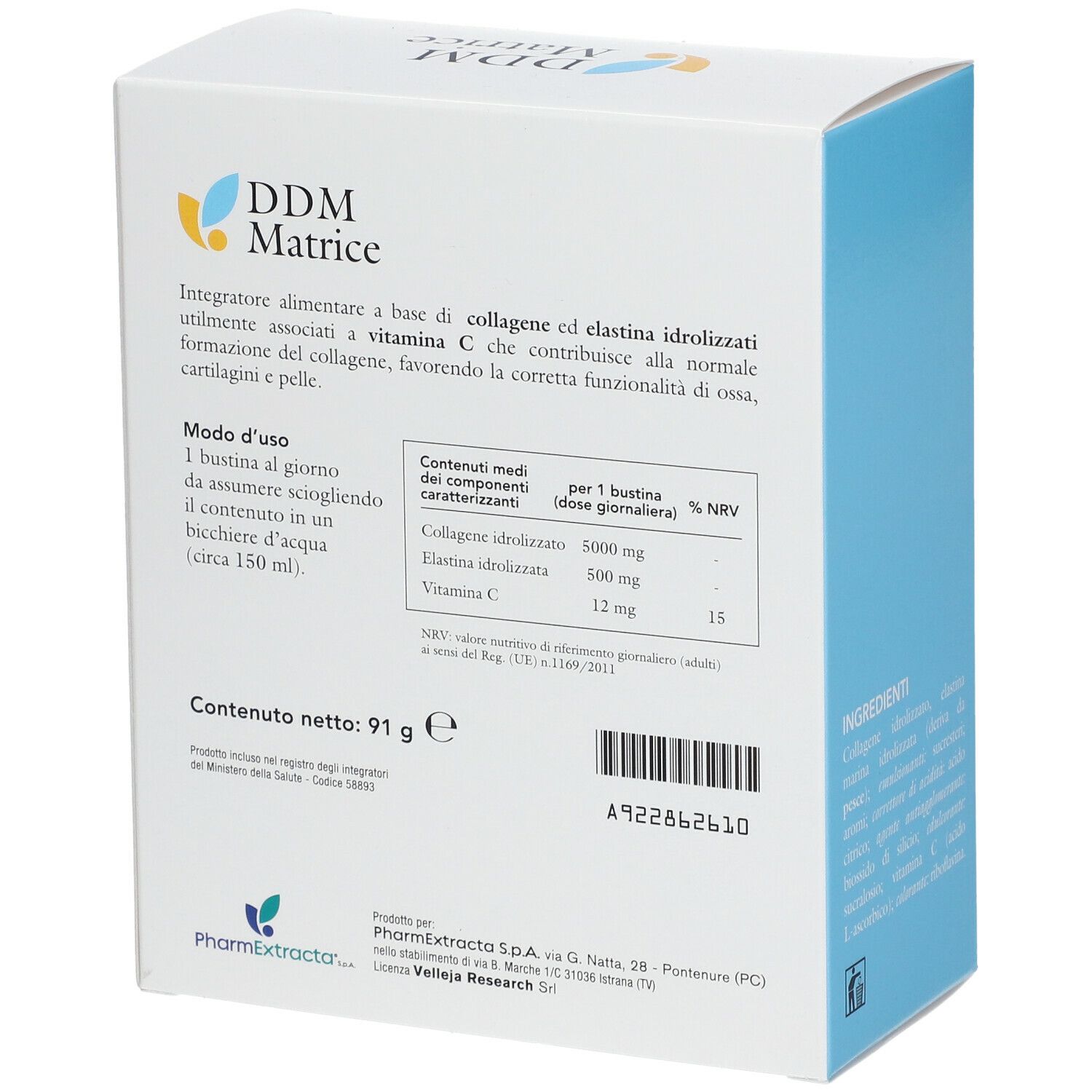 Dos de la boîte DDM Matrice. Contient des informations sur l'utilisation et les valeurs nutritionnelles. Poids net : 91 g.
