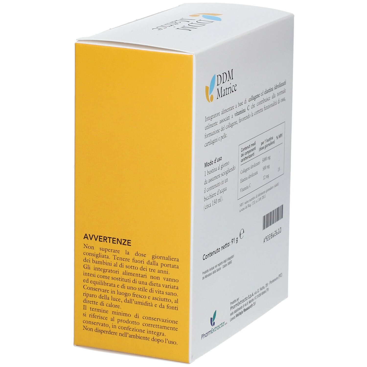 Côté de la boîte DDM Matrice avec avertissements. Contient des informations sur la conservation et la dose quotidienne recommandée.