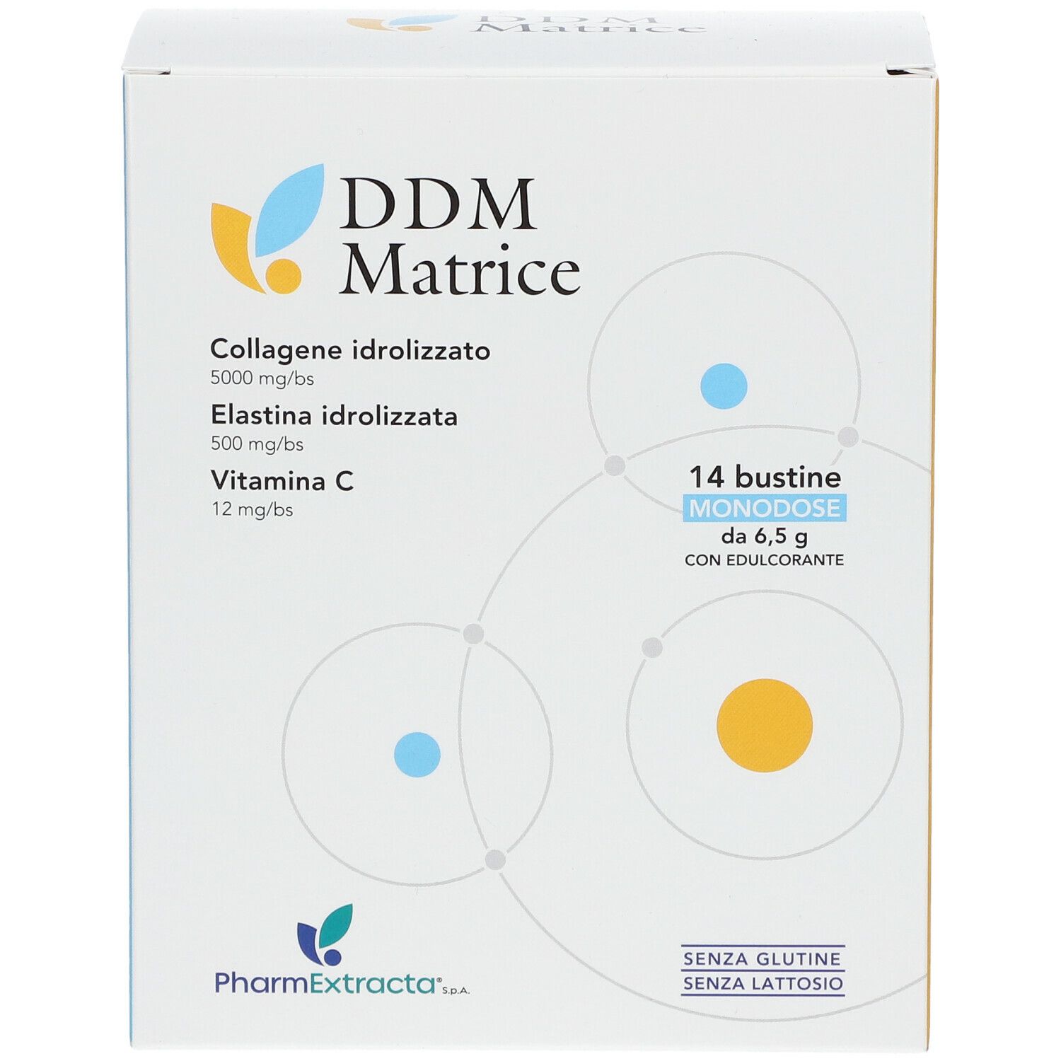 Boîte de DDM Matrice. Contient 14 sachets monodoses de 6,5 g. Contient du collagène hydrolysé, de l'élastine et de la vitamine C. Sans gluten ni lactose.