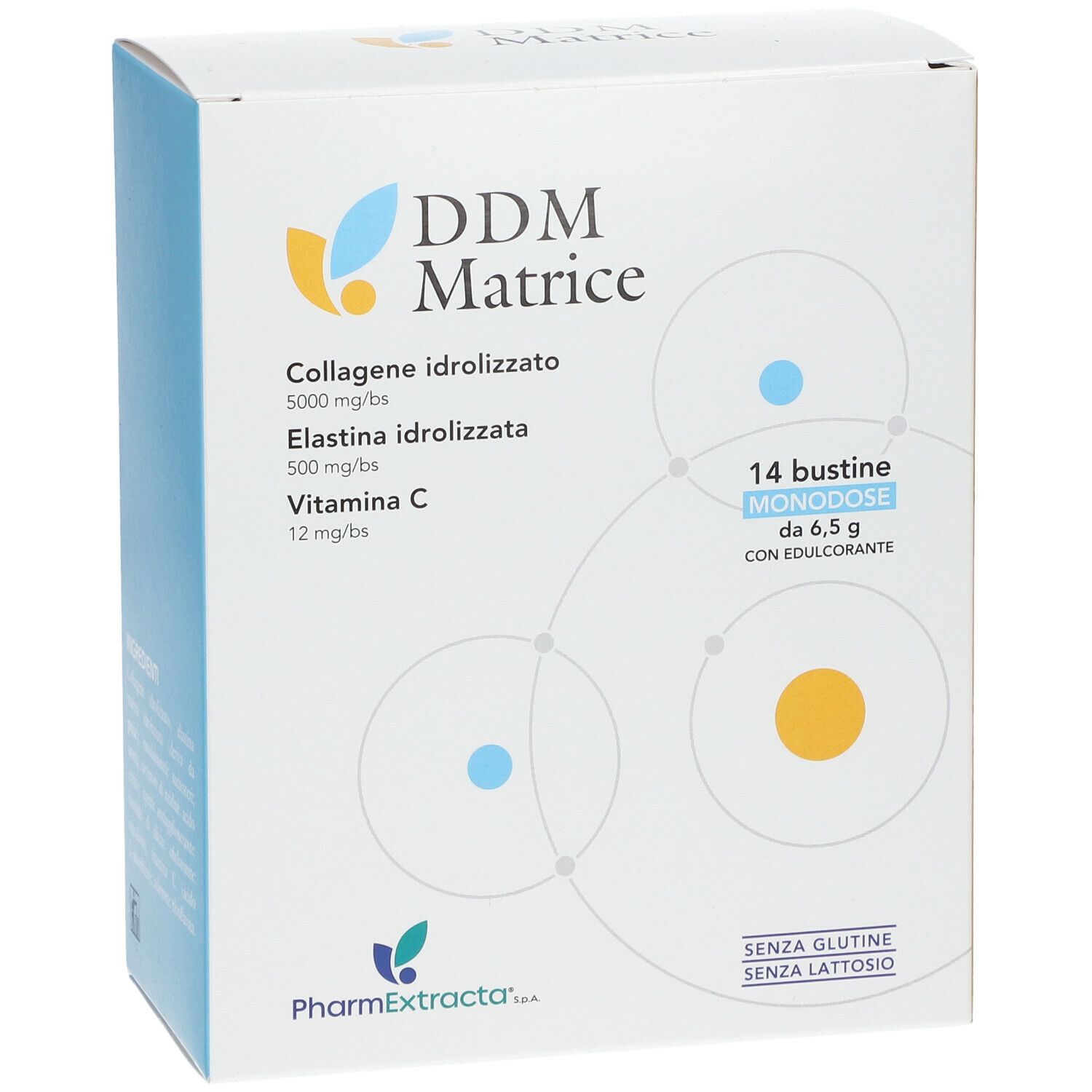 Boîte de DDM Matrice. Contient 14 sachets monodoses de 6,5 g. Contient du collagène hydrolysé, de l'élastine et de la vitamine C. Sans gluten ni lactose.