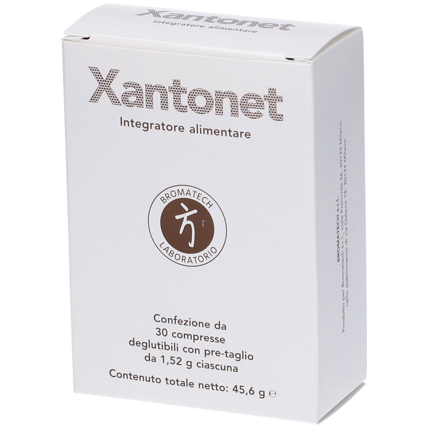 Weiße Schachtel mit Produktnamen Xantonet. Text: Integratore alimentare, 30 Tabletten, 45,6 g. Logo: Bromatech Laboratorio.