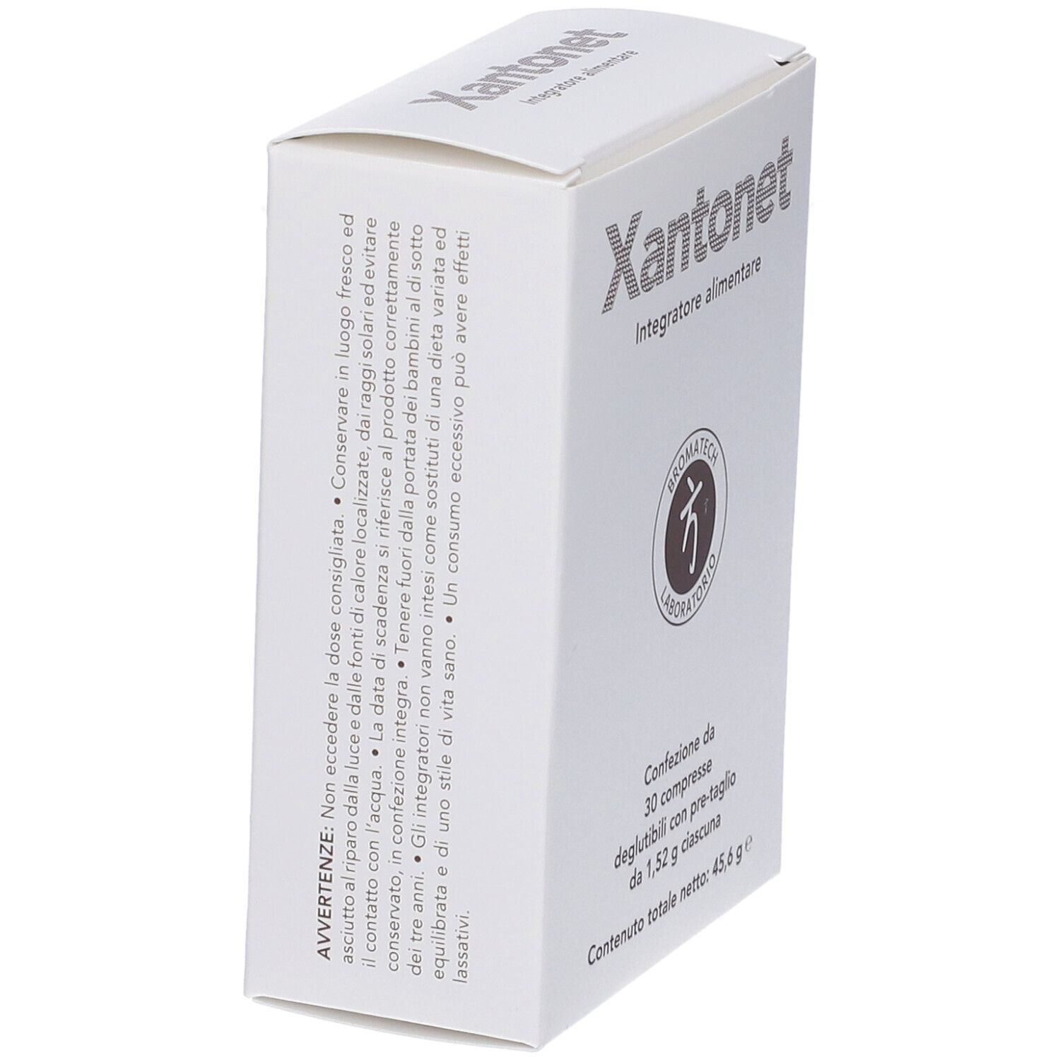 Weiße Schachtel Xantonet, Integratore alimentare. Text auf Italienisch. Logo Bromatech Laboratorio. Enthält 30 Tabletten, 45,6 g.