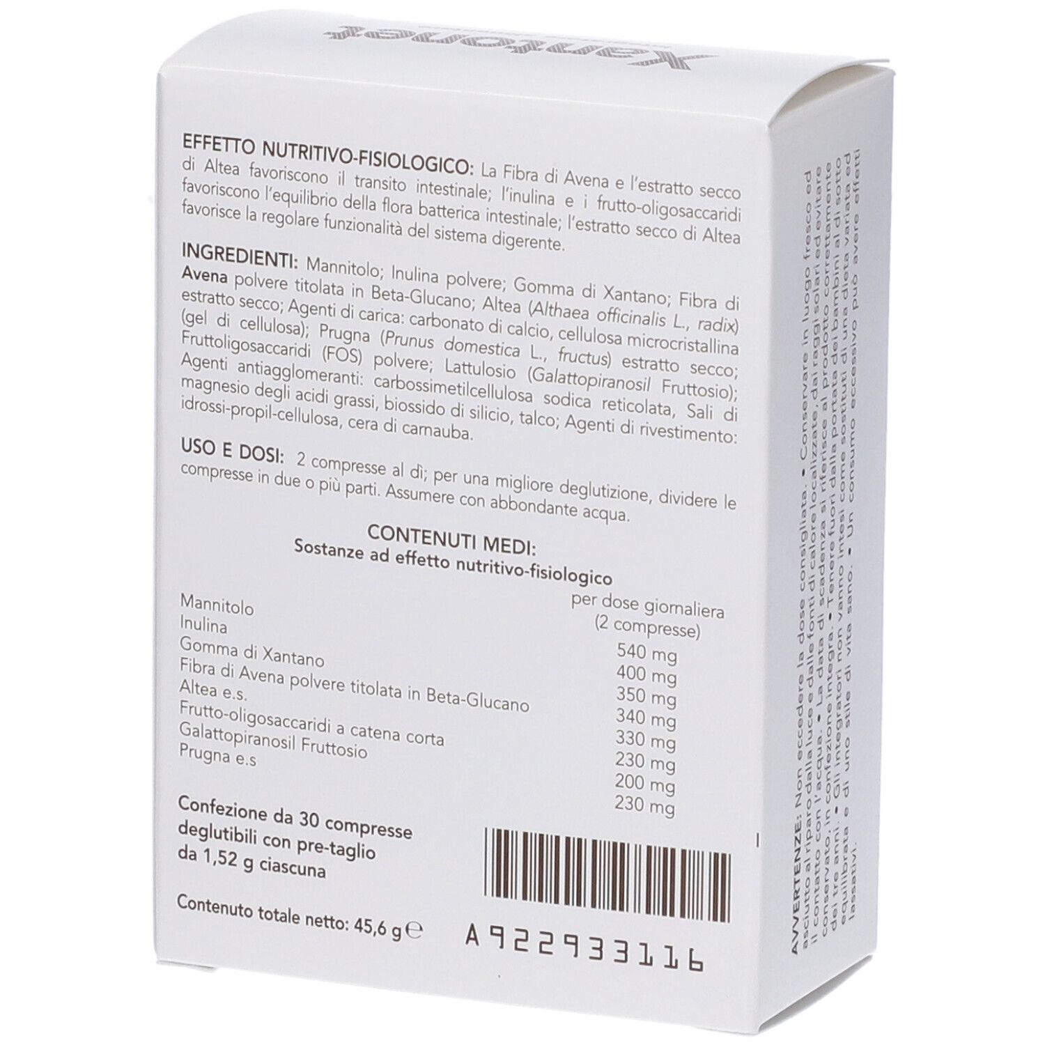 Rückseite der Xantonet-Schachtel. Text in italienischer Sprache. Inhaltsstoffe und Nährwertangaben. 30 Tabletten, 45,6 g.