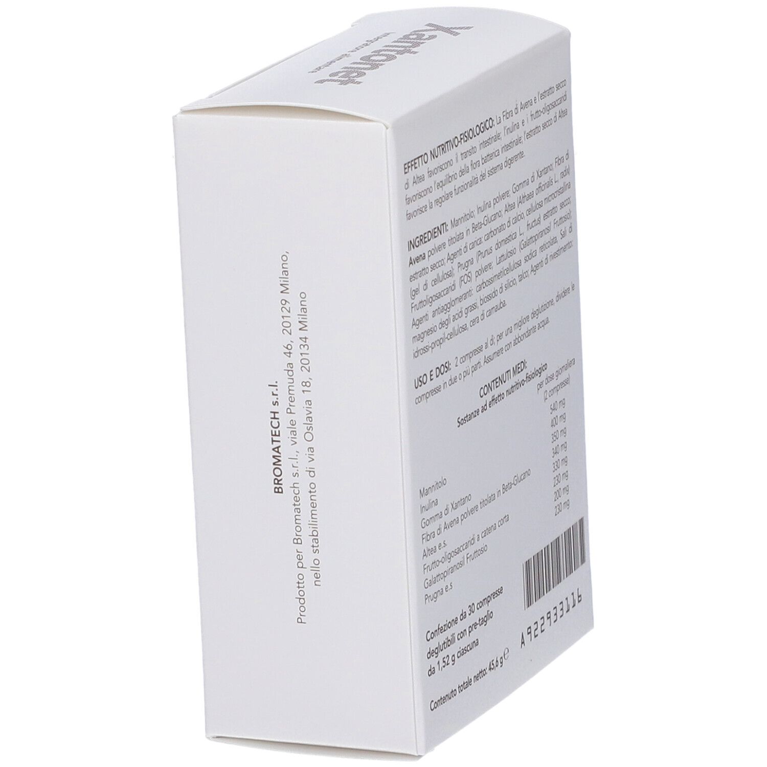 Xantonet-Schachtel, Seitenansicht. Text in italienischer Sprache. Adresse des Herstellers und Barcode. 30 Tabletten, 45,6 g.