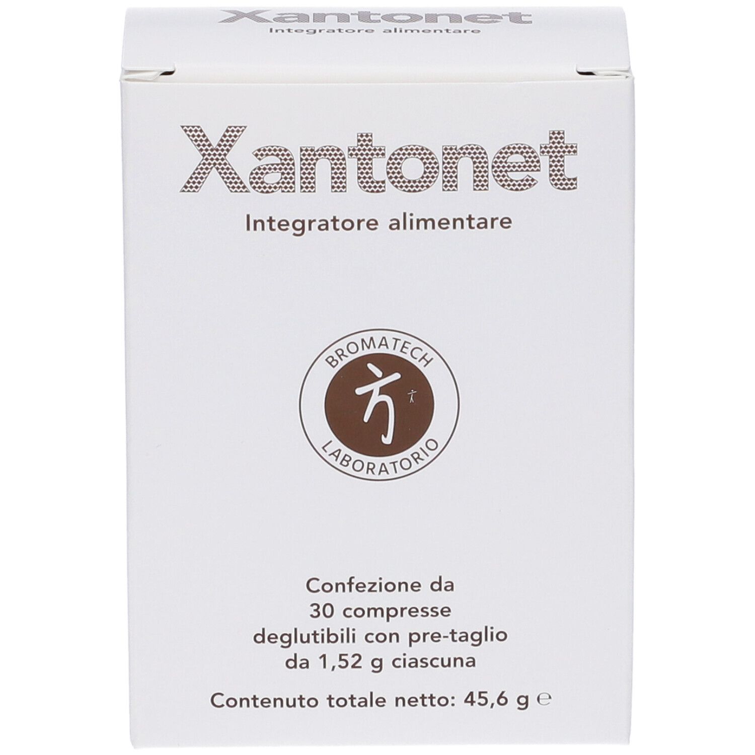 Weiße Schachtel Xantonet, Integratore alimentare. Logo Bromatech Laboratorio. Enthält 30 Tabletten, 45,6 g.
