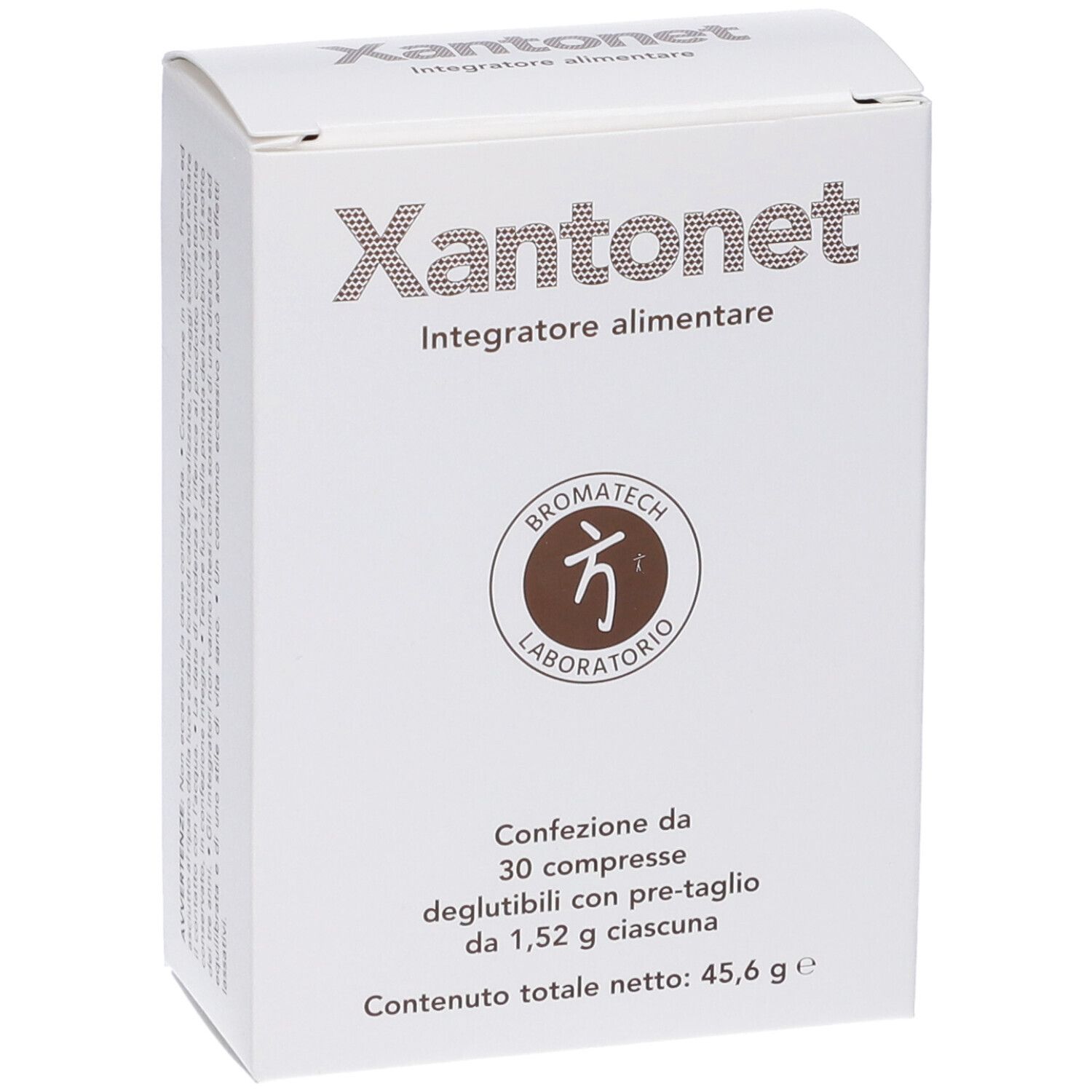 Weiße Schachtel Xantonet, Integratore alimentare. Logo Bromatech Laboratorio. Enthält 30 Tabletten, 45,6 g.