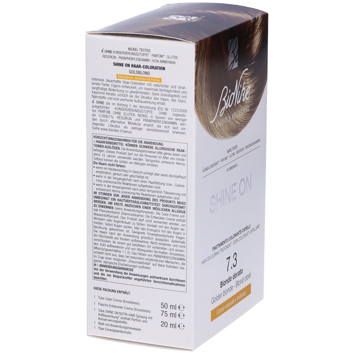 BioNike Shine On 7.3 Biondo Dorato. Haarfarbepackung. Goldblond. Text auf der Seite. Inhaltsangaben und Anwendungshinweise.