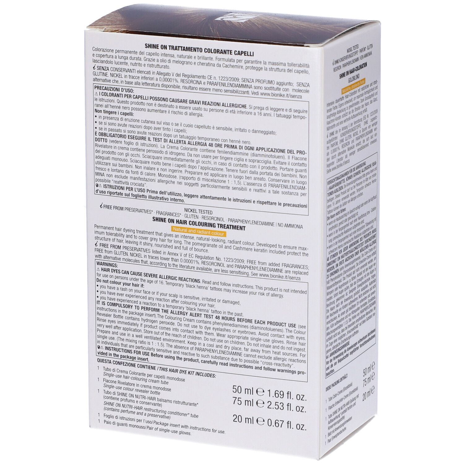 BioNike Shine On 7.3 Biondo Dorato. Haarfarbepackung. Goldblond. Text auf der Seite. Inhaltsangaben und Anwendungshinweise.